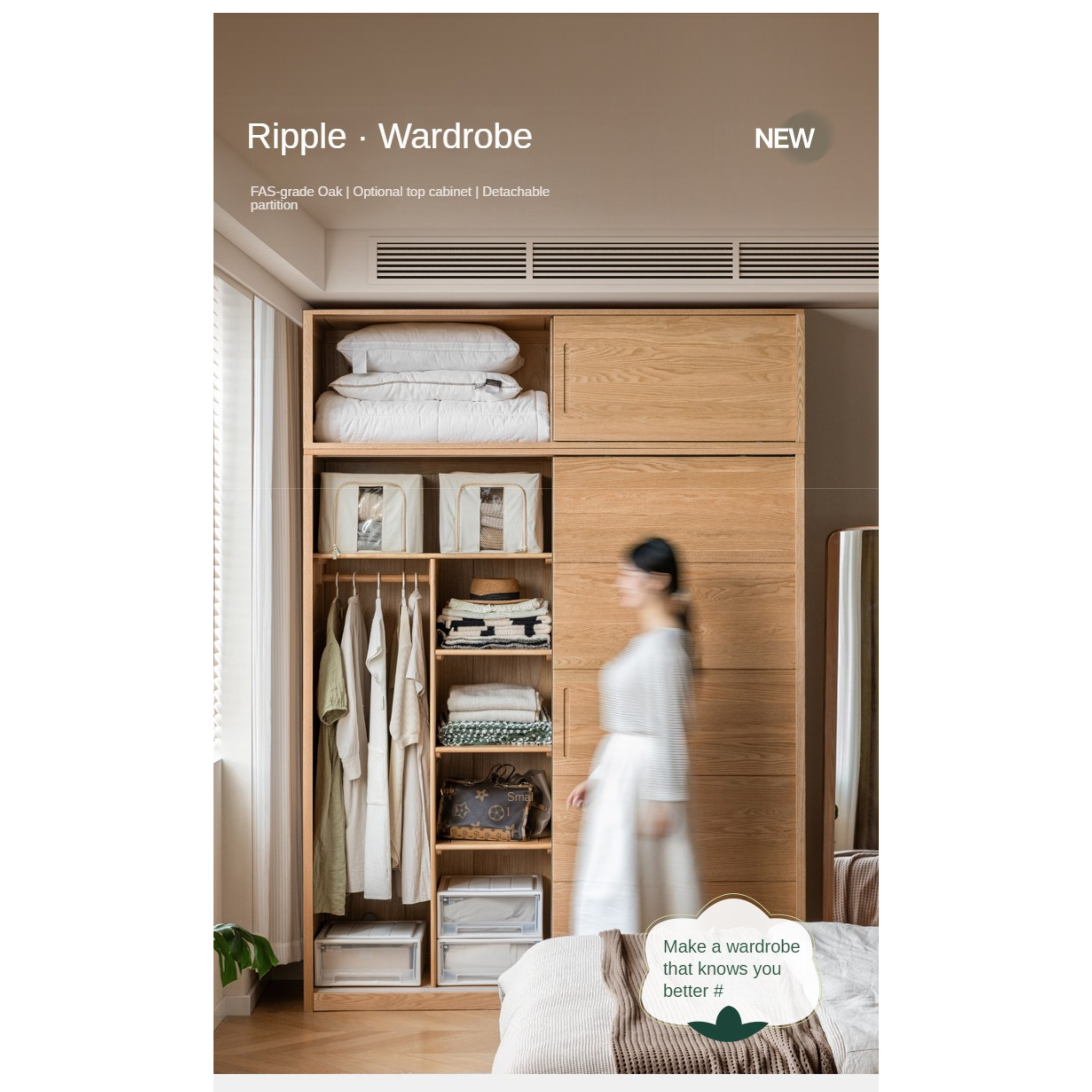 Solid Oak Wood Sliding Door Wardrobe Closet - Modern & Durable Storage for Bedroom, Living Room, or Walk-In Closet Organization