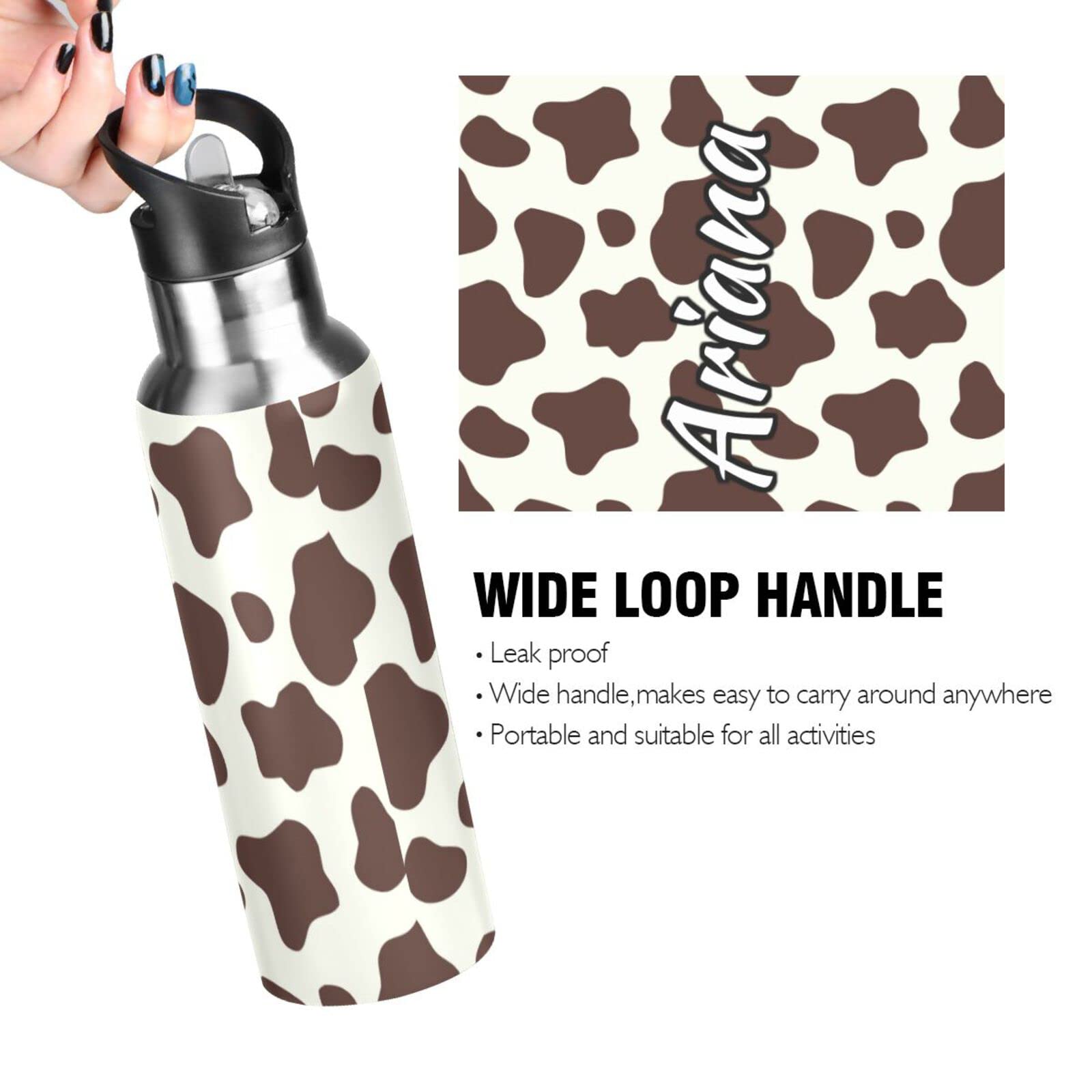 Custom 33oz Insulated Stainless Steel Water Bottle with Straw Lid - Brown & White Cow Print Design - Personalized Sports Bottle for Gym, Office & Outdoor Activities