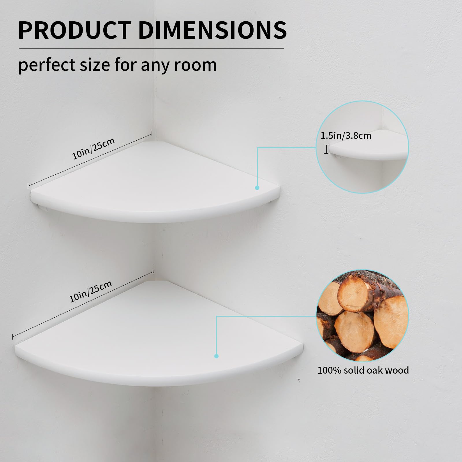 White Floating Corner Shelf Set of 2 - 10 Inch Solid Oak Wood Wall Shelves with Wire Hole - Round End Wall Mount for Small Plants - Perfect for Bedroom, Kitchen & Living Room Decor