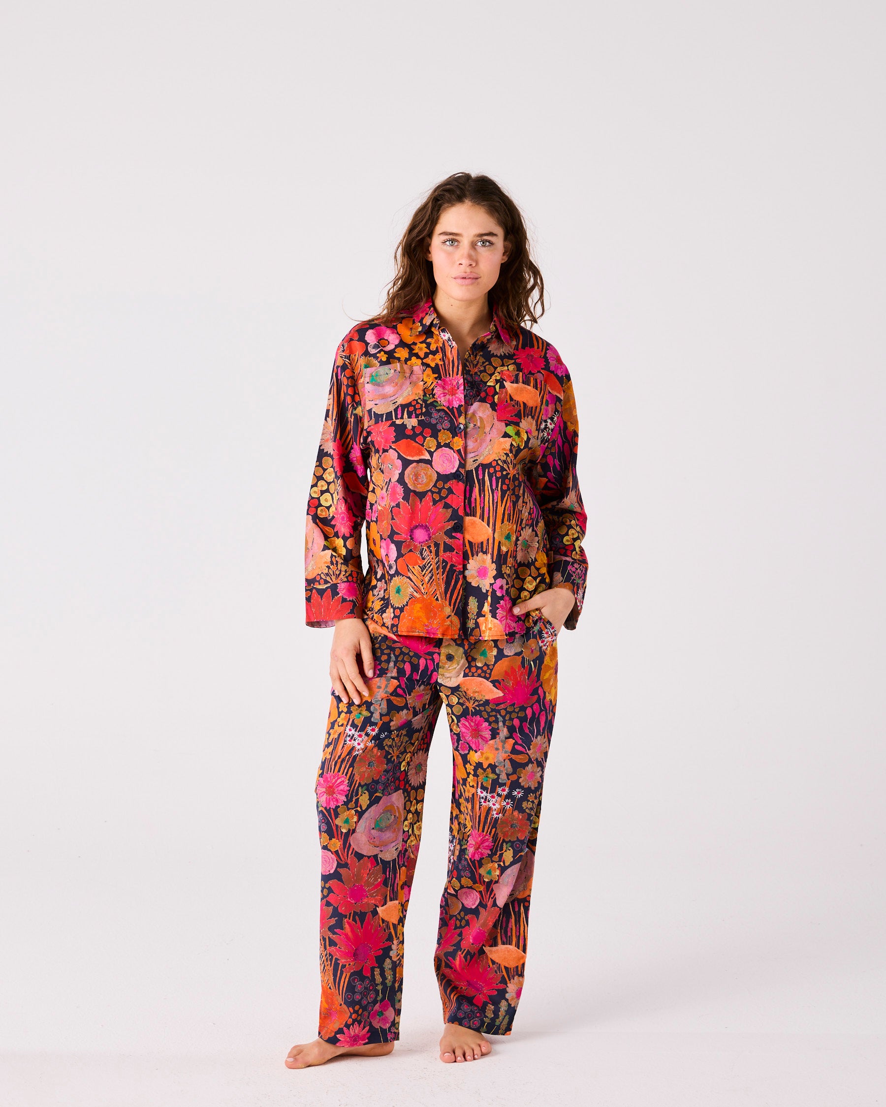 Field of Dreams Navy Blue Organic Cotton Long Sleeve Pajama Set for Adults - Cozy Sleepwear for Relaxing at Home