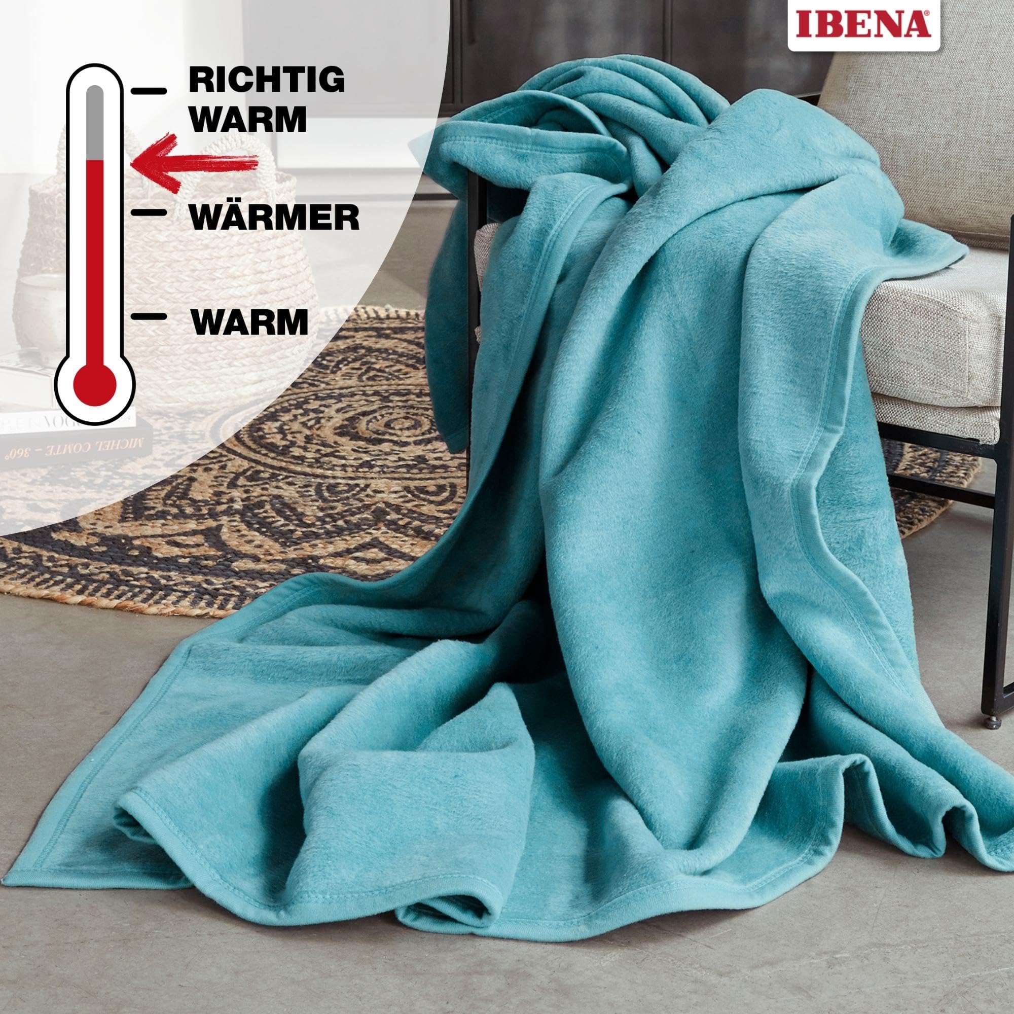 IBENA Porto Cuddly Blanket 150x200cm - Soft Light Turquoise Plaid Cotton Blend Throw Blanket for Living Room, Bed, Sofa | Cozy & Easy Care Home Decor Gift