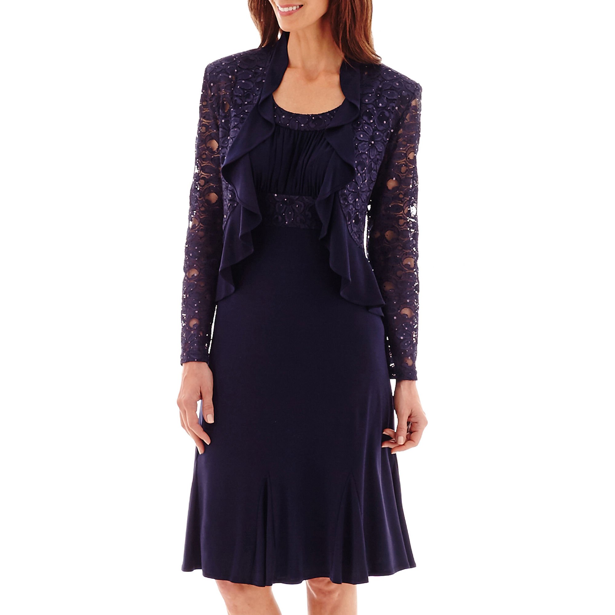 RM Richards Women's Sequin Lace Ruffle Front Jacket Dress - Elegant Party Wear for Evening Events, Weddings & Special Occasions