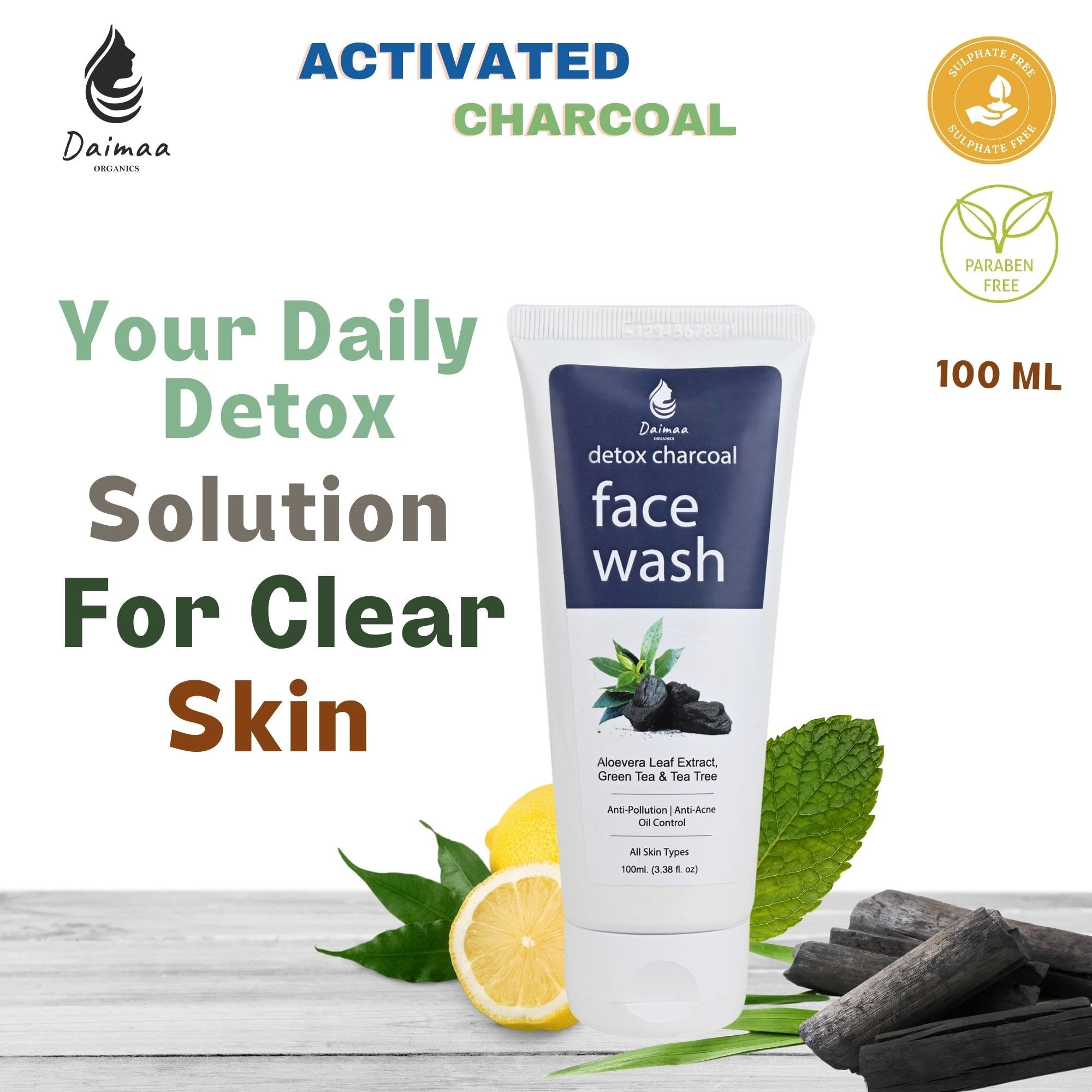 Daimaa Organics Detox Activated Charcoal Face Wash with Vitamin C, Green Tea & Tea Tree Oil - Anti Acne, Oil Control & Pollution Protection for Men & Women - 100ml - Perfect for Daily Skincare & Deep Cleansing Routine