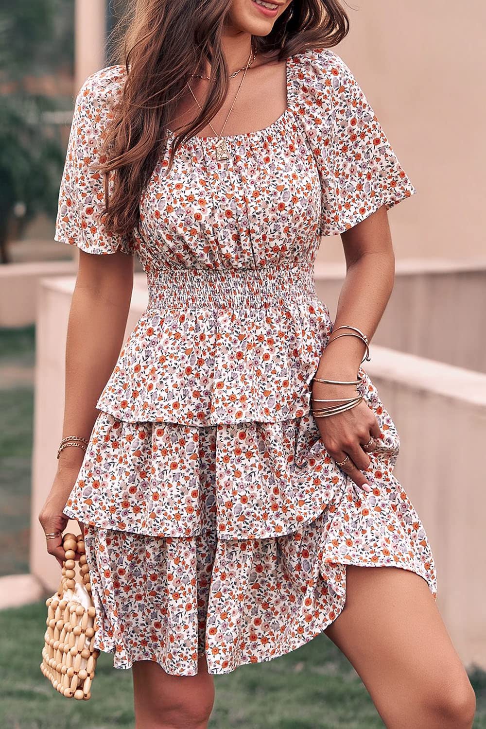 PRETTYGARDEN Women's Floral Summer Dress 2025 - Square Neck Short Sleeve Boho Tiered Ruffle Swing Dress for Beach Vacation, Date Night & Outdoor Parties