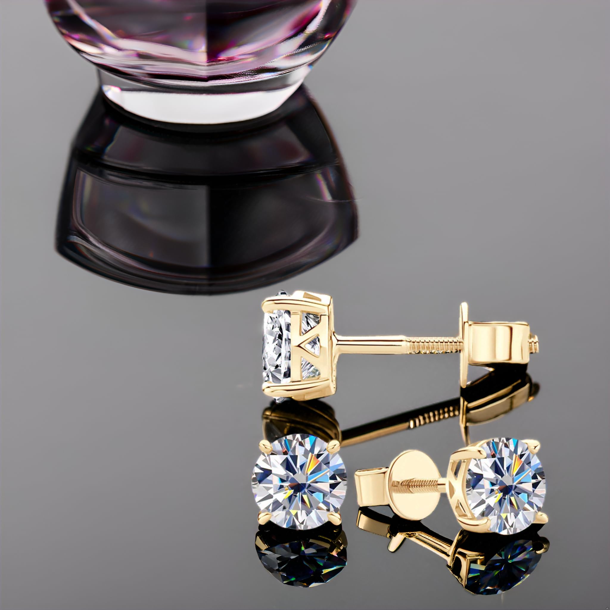 Lab-Created Moissanite Stud Earrings 1.60cttw 6mm Round Cut in 10K Real Yellow Gold, Screw Back Secure Solitaire Studs for Men & Women - Perfect for Everyday Wear, Anniversary Gifts & Special Occasions