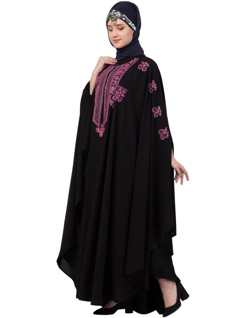 Elegant Black Arabic Contrast Zari Embroidered Irani Kaftan Dress - Perfect for Special Occasions, Weddings & Cultural Events