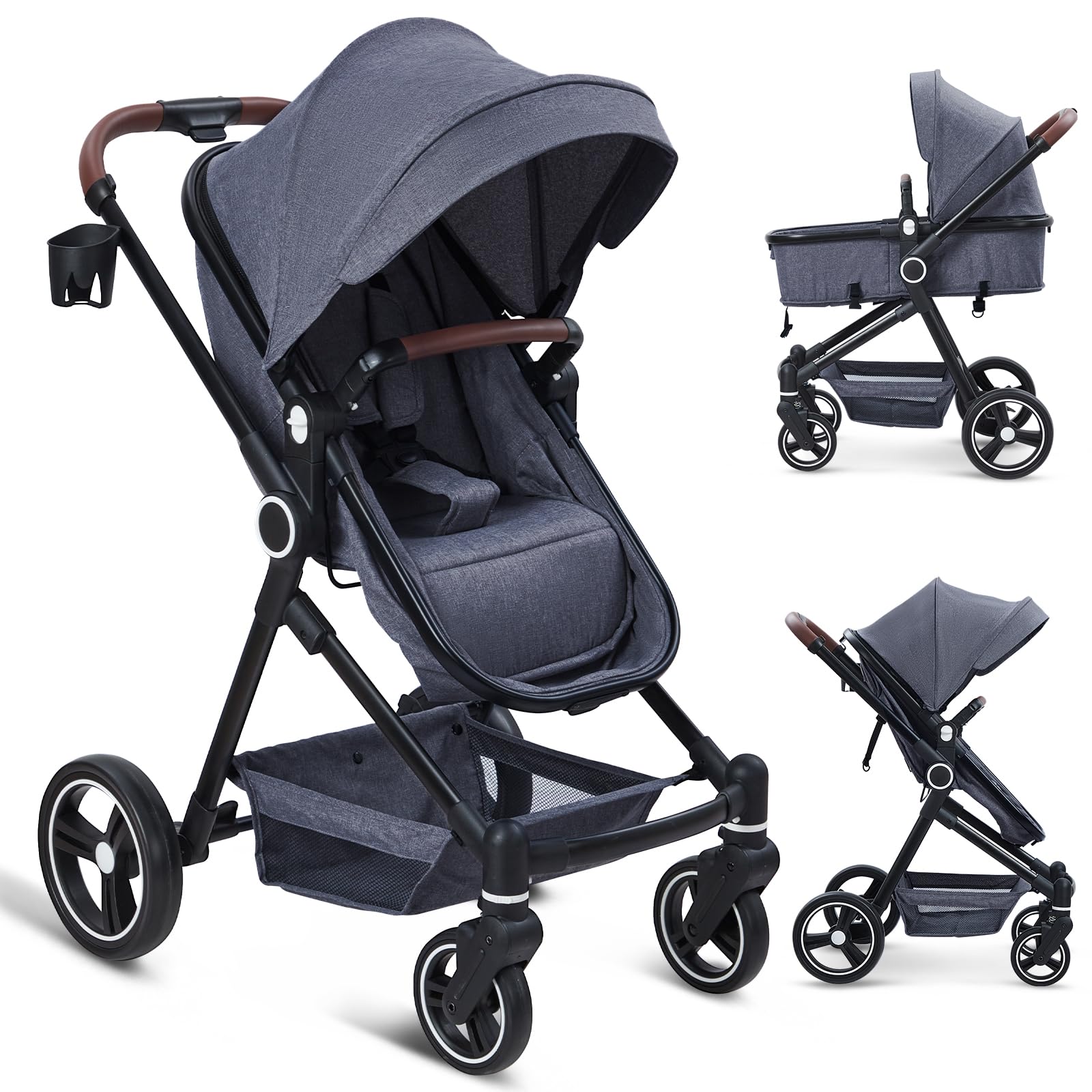 2 in 1 Baby Stroller for Newborn to Toddler (0-3 Years) - Convertible Bassinet Stroller with Large Storage Basket, Shock Absorption & Removable Seat - Perfect for Shopping, Travel & Daily Walks with Cup Holder & Parent Tray