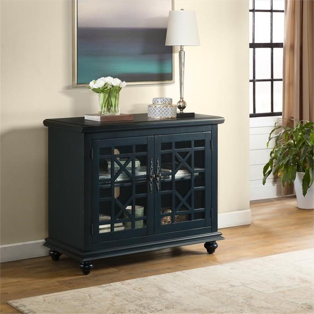 BOWERY HILL 38 Inch Traditional Wood TV Stand - Catalina Blue Finish for Living Room, Bedroom & Home Theater Entertainment Centers