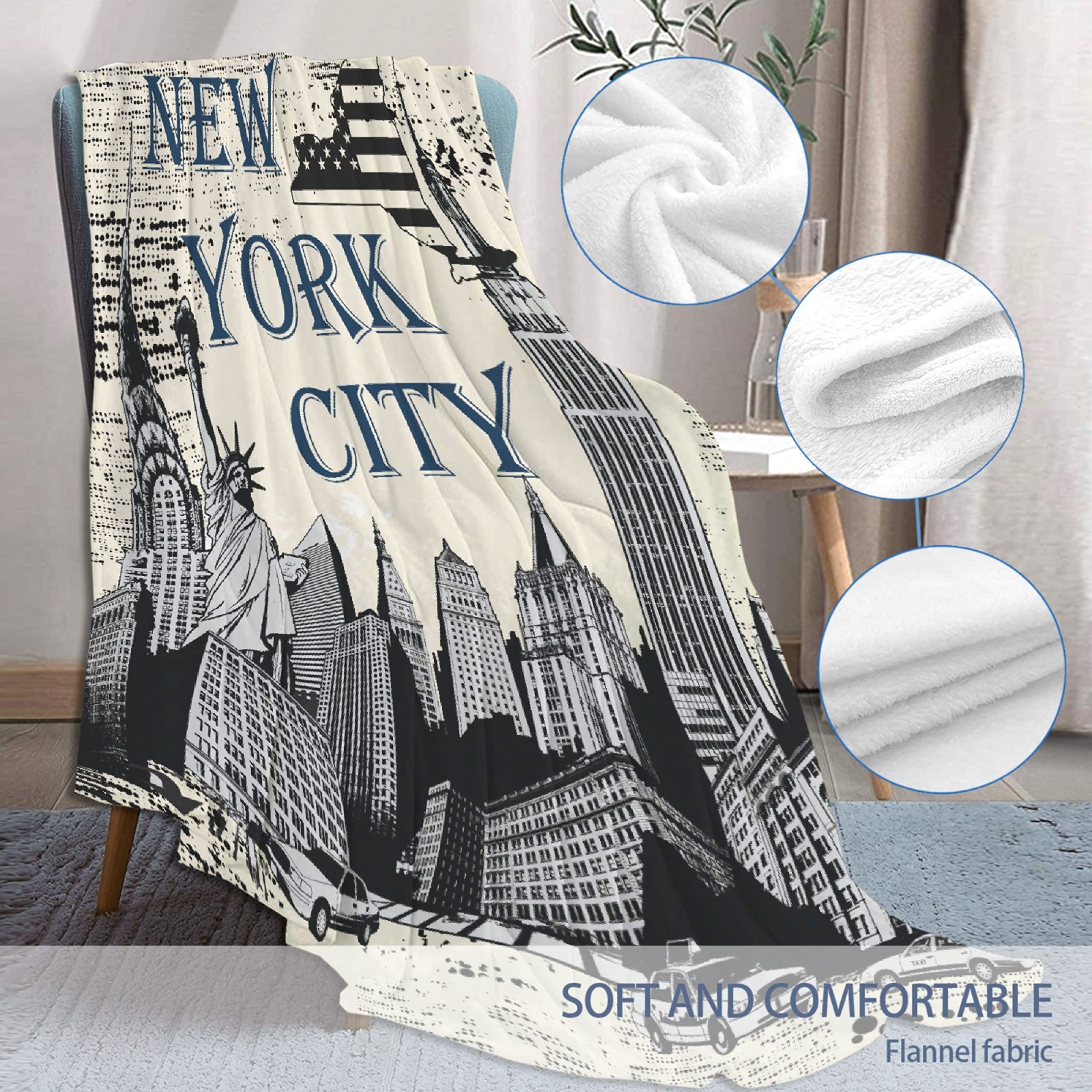 Retro New York City Themed Flannel Fleece Throw Blanket - Ultra Soft & Warm 120
