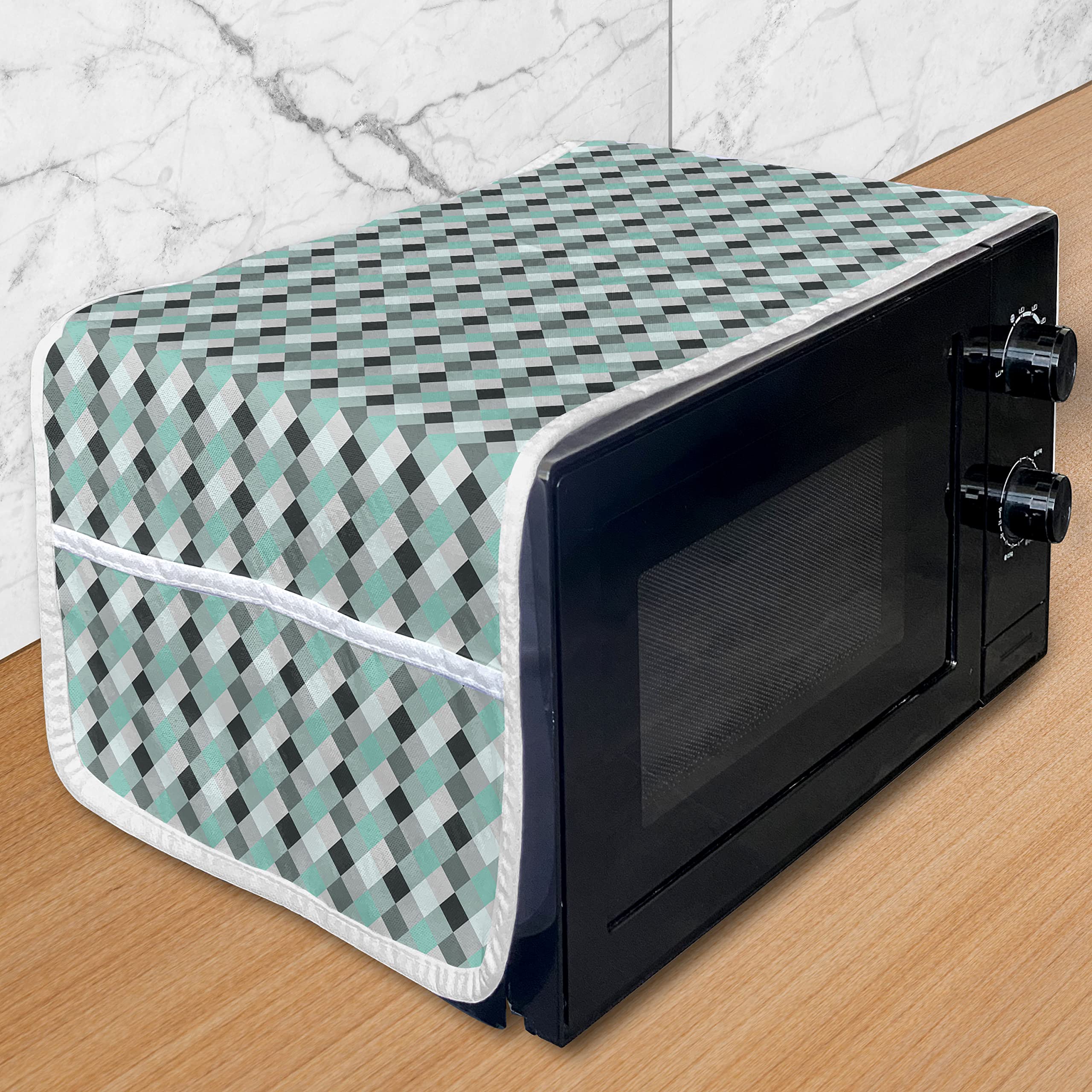 Ambesonne Geometric Microwave Cover - Grey & Green Checkered Waterproof Kitchen Organizer with Pockets, 36