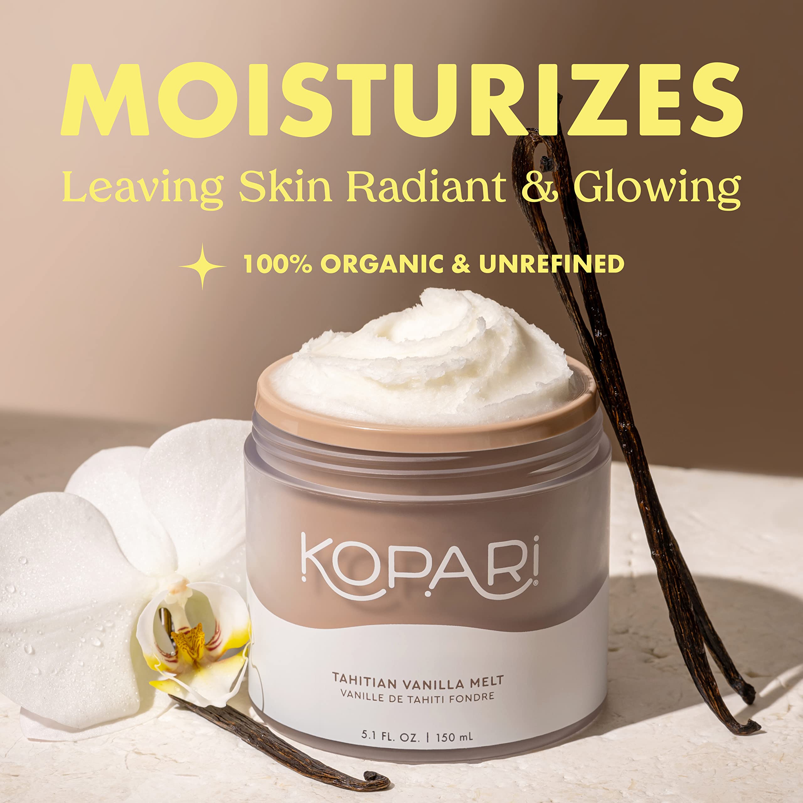 Kopari Organic Tahitian Vanilla Coconut Melt - 100% Unrefined Coconut Oil for Body, Hair & Face | Multi-Purpose Moisturizer | Clean & All Natural Skincare | 5 oz | Perfect for Dry Skin Care, Hydration & Aromatherapy