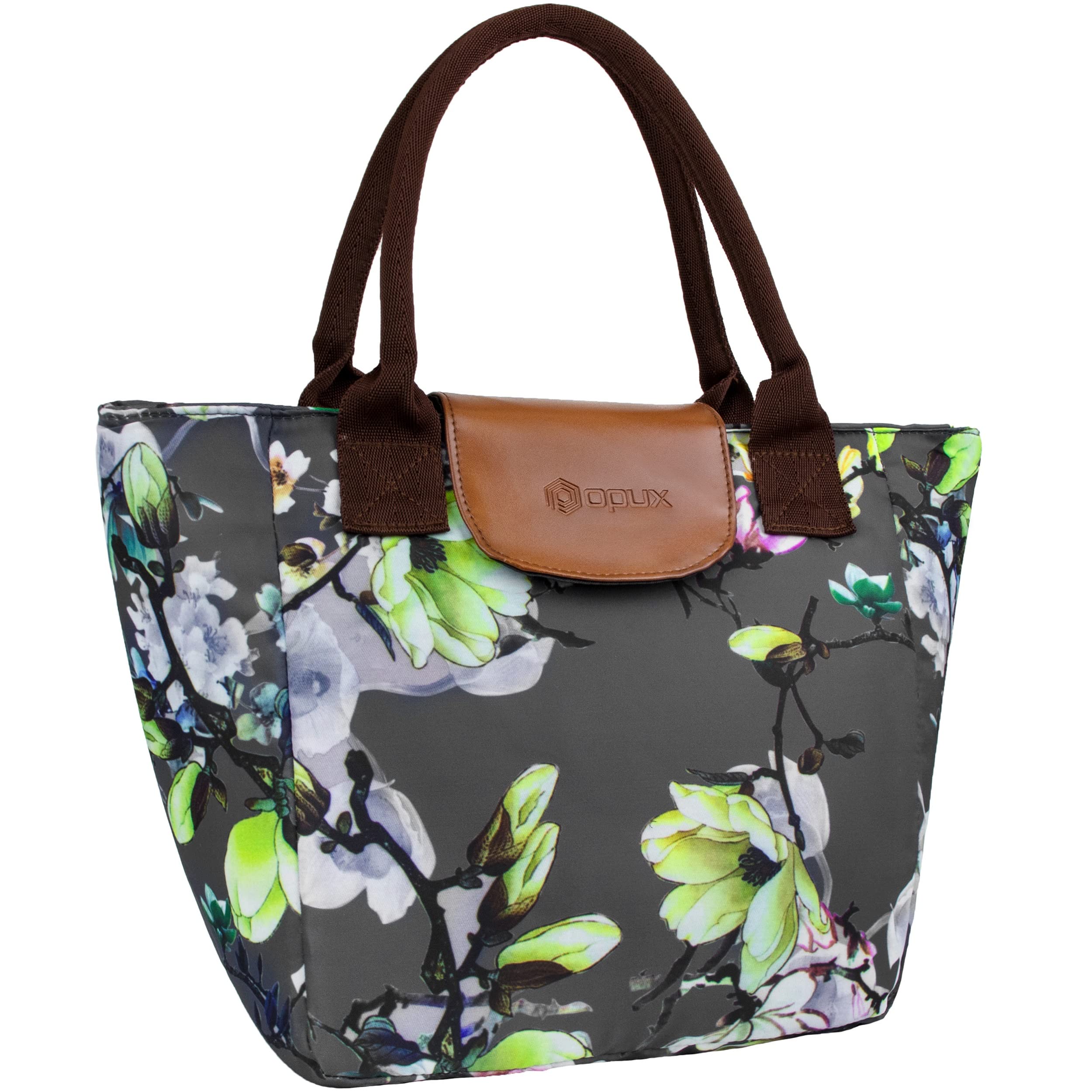 Opux Large Insulated Lunch Bags for Women - Reusable Lunch Tote with Pockets for Work, Office & Meal Prep - Holds 15 Cans (Floral Gray) | Perfect for Professionals, Students & Outdoor Activities