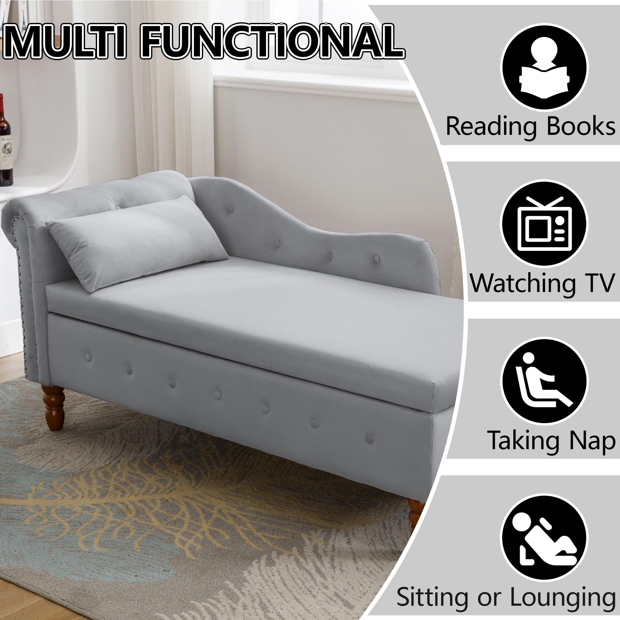 Luxury Velvet Chaise Lounge Chair with Storage - Button Tufted Upholstered Sofa with Lumbar Pillow & Rolled Arms - Modern Chaise for Living Room, Bedroom, Office - Grey - Perfect for Relaxing, Reading & Small Space Decor