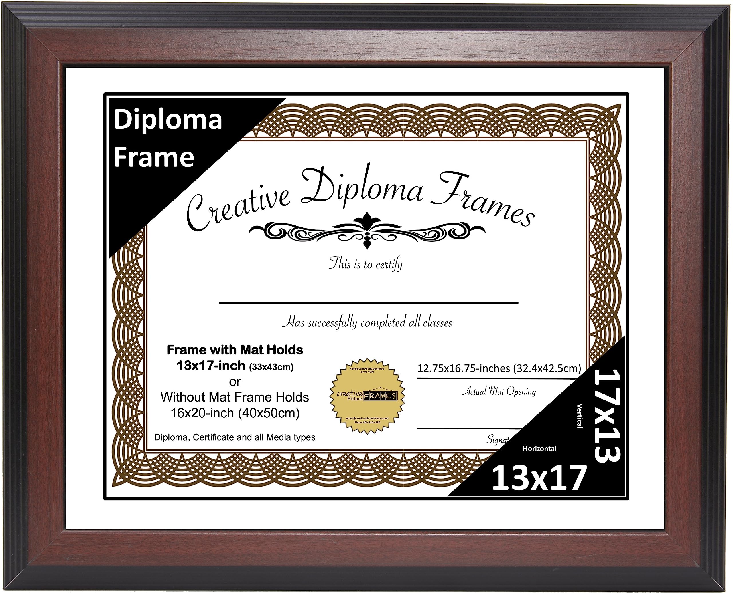 13x17 Mahogany Finish Diploma Picture Frame with White Mat - Glass Front & Wall Hanger - Perfect for Graduation Certificates, Diplomas, and Artwork Display
