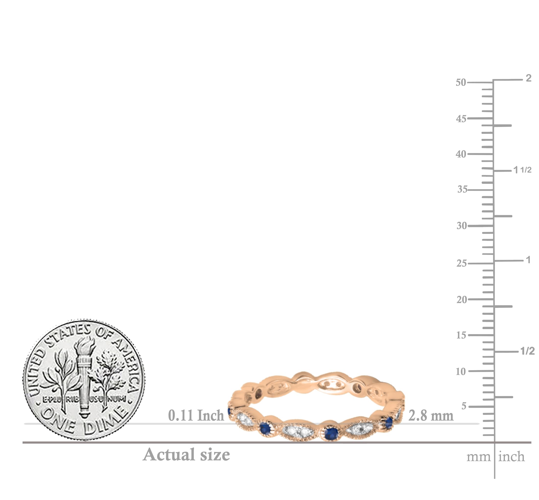 14K Solid Gold Round Blue Sapphire & White Diamond Vintage Stackable Eternity Wedding Ring for Women - Elegant Bridal Jewelry, Anniversary Gift, Stackable Ring Set for Special Occasions