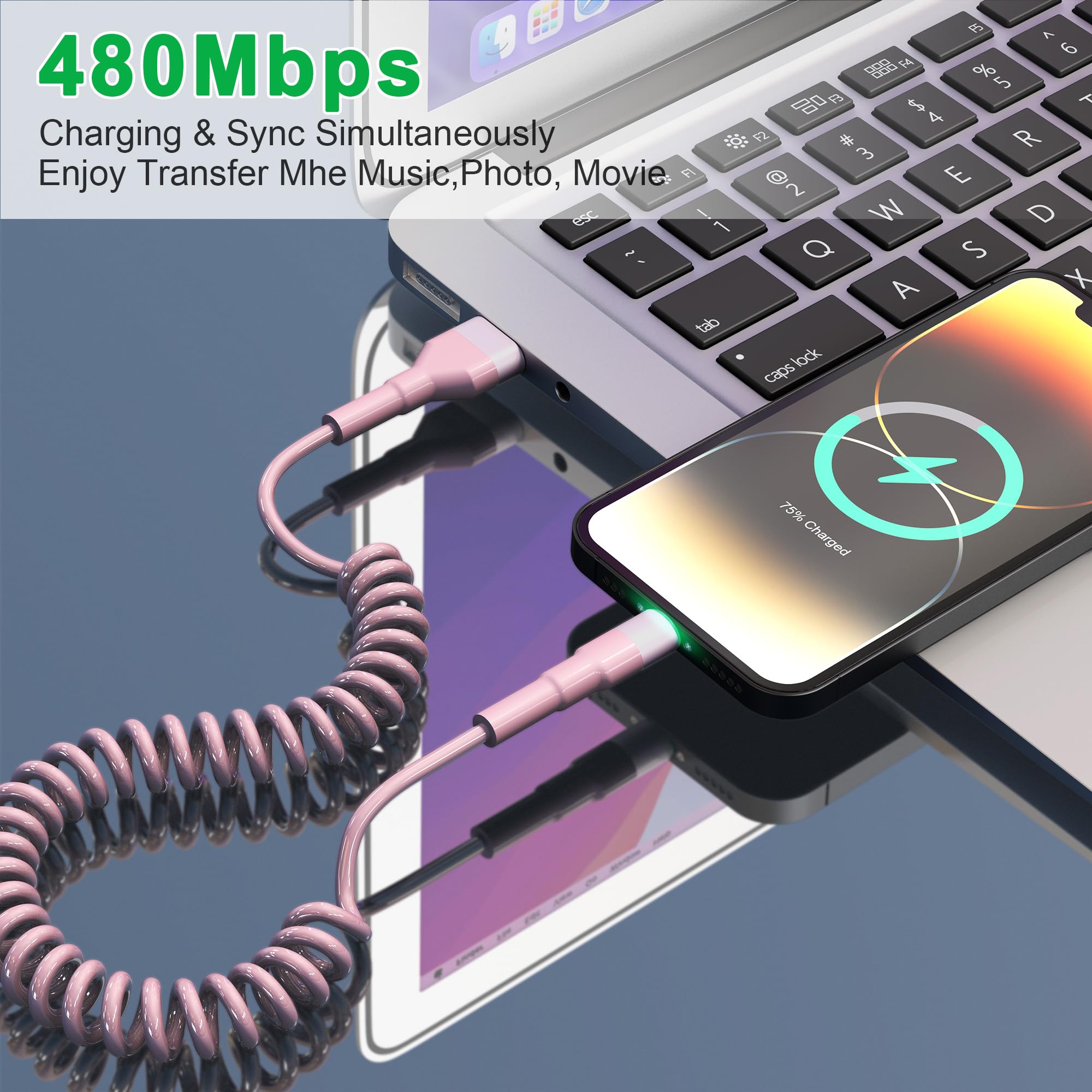MFi Certified Coiled USB to Lightning Cable - 2 Pack Pink iPhone Car Charger for Apple CarPlay & Data Sync - Durable Fast Charging Cable for iPhone in Car, Home & Office Use