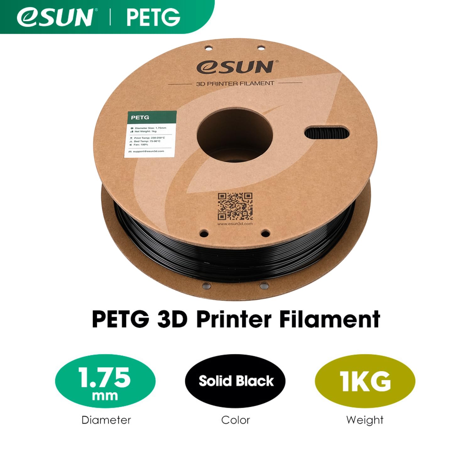 eSUN PETG 3D Printer Filament 1.75mm, 1kg Spool (2.2 lbs) - High Precision +/-0.05mm, Durable Black PETG Filament for 3D Printing - Perfect for Functional Parts, Prototypes & DIY Projects