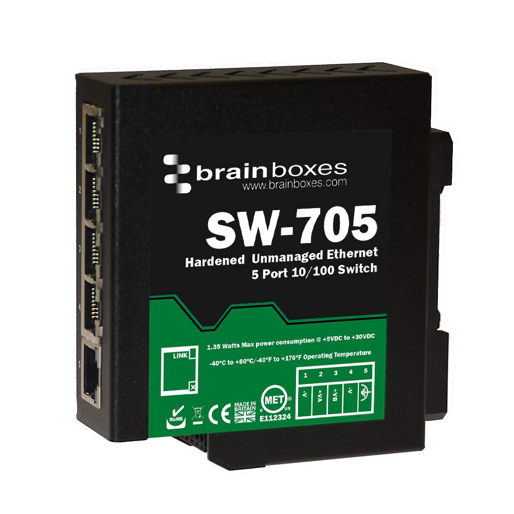 Brainboxes 5 Port Unmanaged Ethernet Switch - Industrial-Grade DIN Rail Mount Network Switch for Factory Automation & Harsh Environments