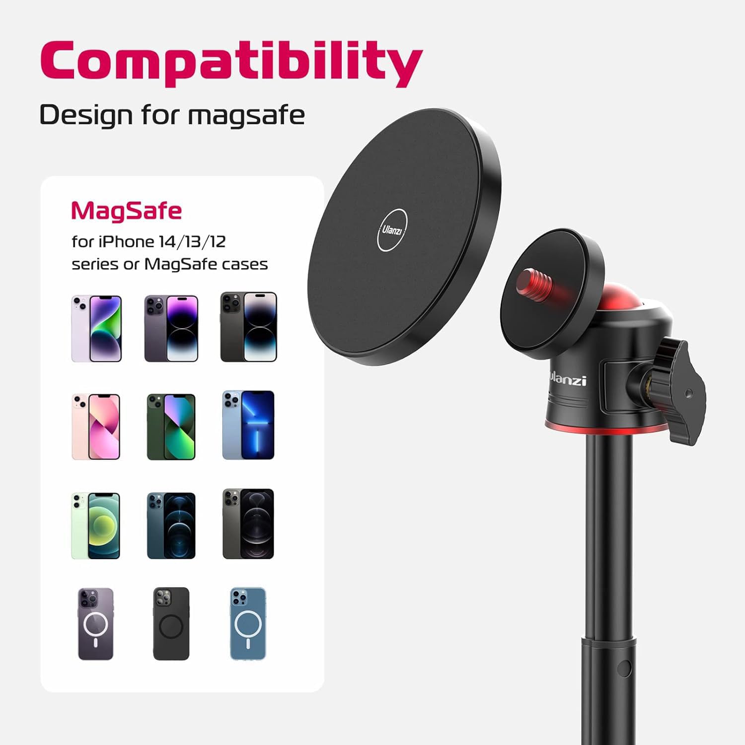 ULANZI Magnetic Phone Tripod Stand with 360° Ball Head - Portable Extendable Selfie Stick & Grip Compatible with iPhone 16/15/14/13/12 & MagSafe Cases | Perfect for Vlogging, Travel, Live Streaming & Hands-Free Video Calls