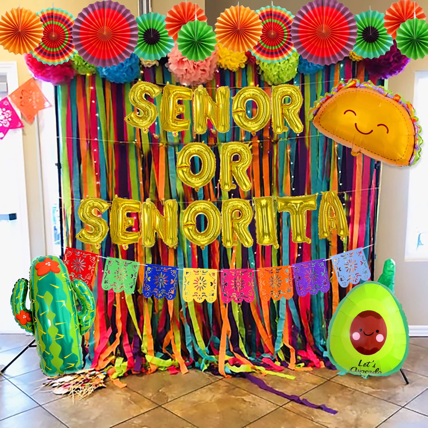 JeVenis Senor or Senorita Gender Reveal Party Decorations Set - Mexican Fiesta Balloons, Backdrop, Banner & Supplies (Green/Red/Yellow/Blue) - Perfect for Baby Shower, Gender Reveal Parties & Mexican-Themed Celebrations