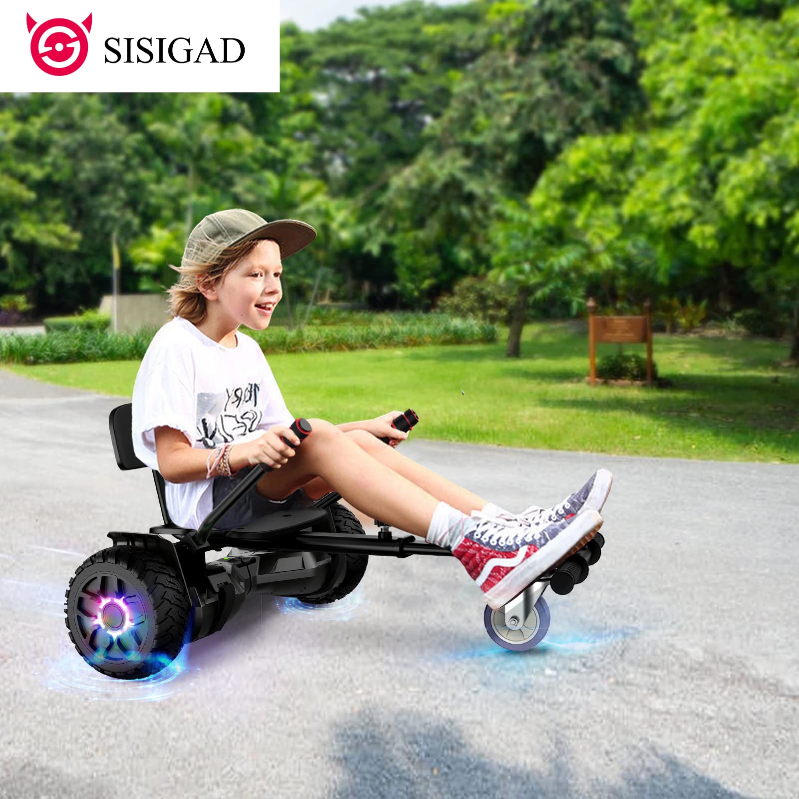 SISIGAD Hoverboard with Seat Attachment - 8.5'' Self Balancing Scooter Go Kart, Bluetooth & LED Lights (Silver+Black) - Perfect for Kids & Adults, Indoor & Outdoor Riding Fun