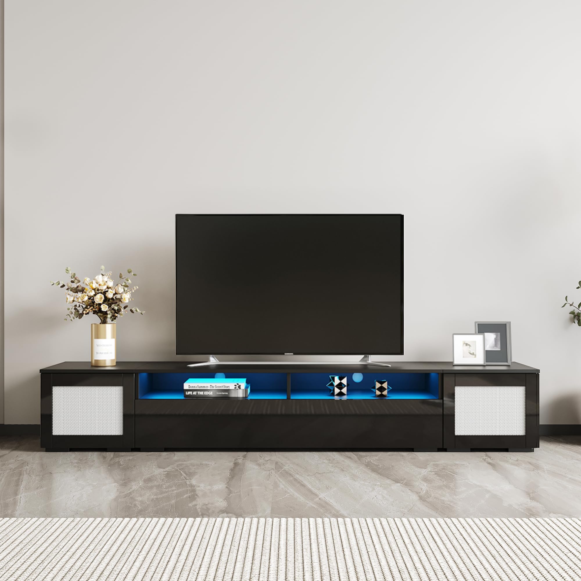 90 Inch TV Stand with LED Lights - Modern Entertainment Center for 85 80 75 70 Inch TVs, Black TV Console with Storage | Perfect for Living Room Home Theater Setup