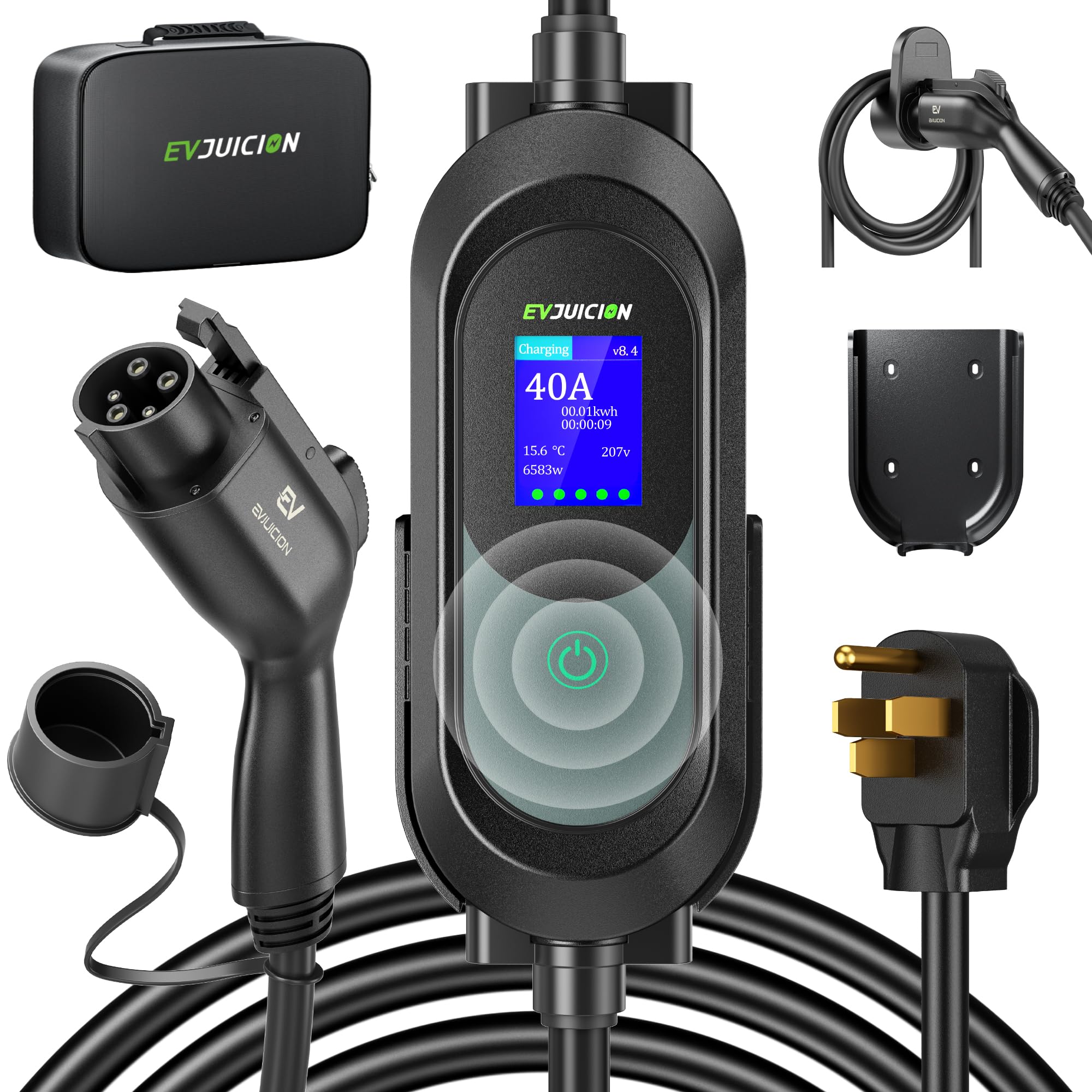 40Amp 9.6kW Level 2 EV Charger with Smart LED Screen - Adjustable 16-40A, 12H Timer, 23FT Cable - NEMA 14-50P J1772 (Includes Bag/Wall Mount) - Perfect for Home & Workplace Electric Vehicle Charging