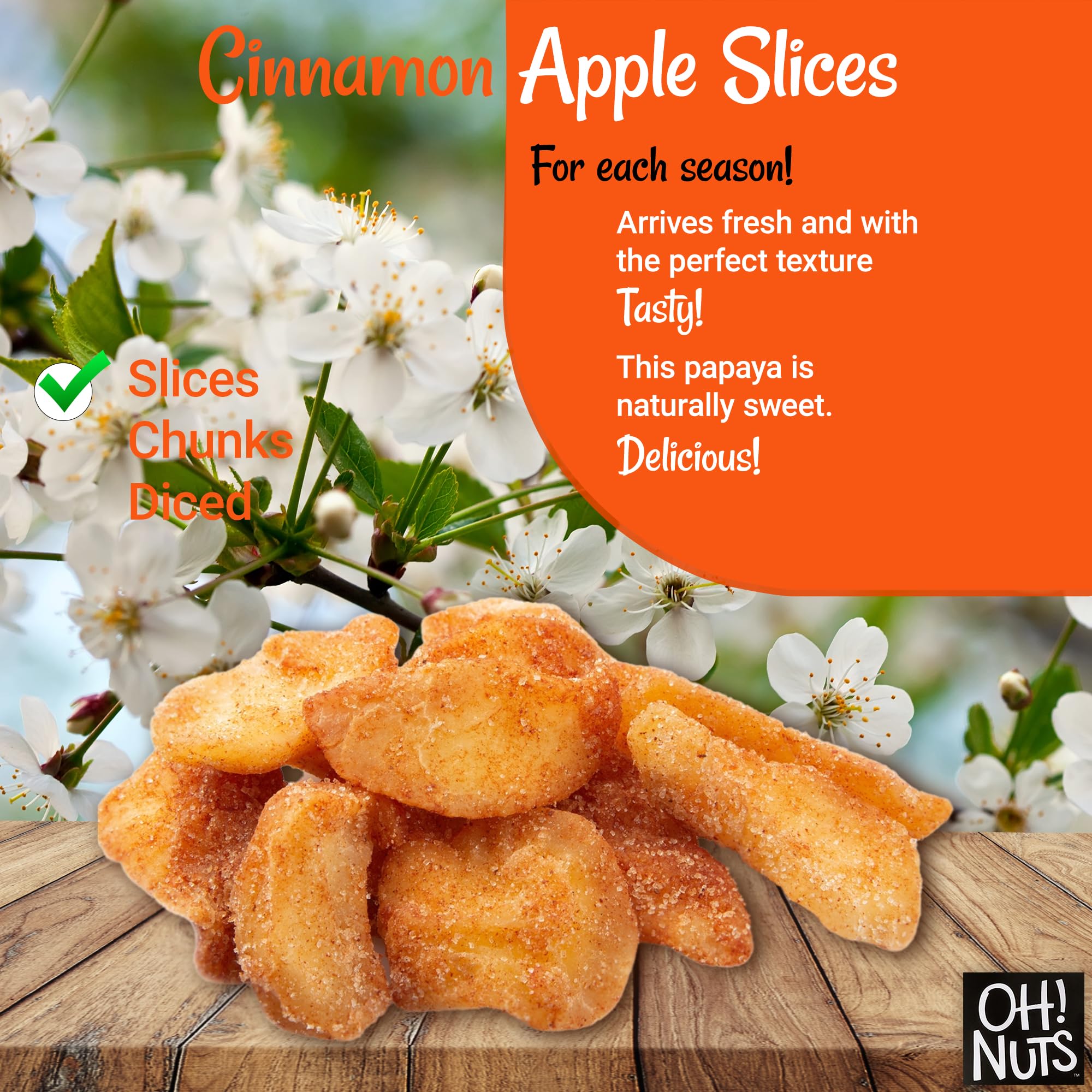 Oh! Nuts Dried Cinnamon Apple Slices - 1 lb Bag | Sweetened Dehydrated Fruit Snacks | Freshness Sealed in New York | Perfect for Baking, Trail Mix & Healthy Snacking