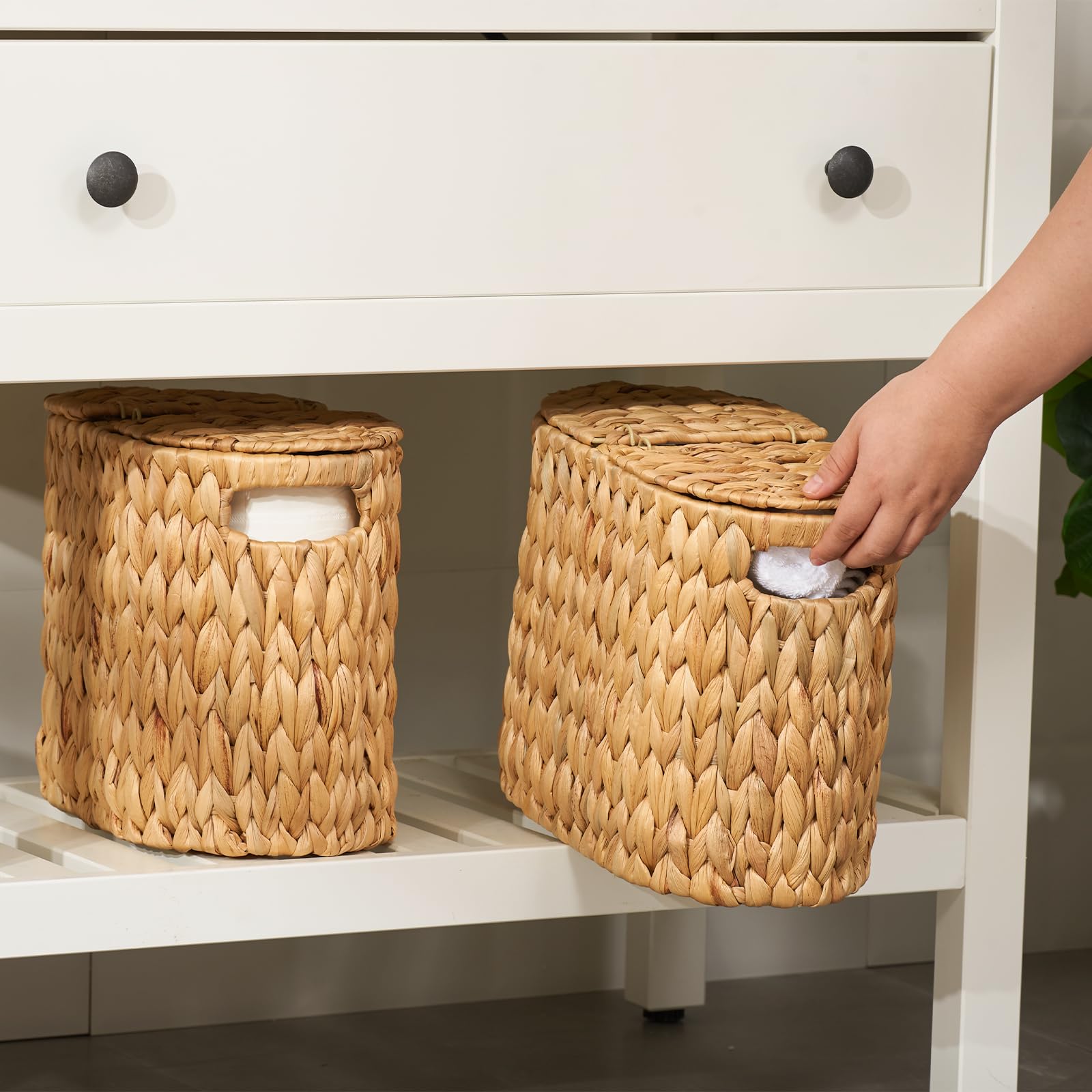 FairyHaus Natural Water Hyacinth Woven Toilet Paper Storage Basket with Lid & Handles - Holds 4 Rolls - Bathroom Organizer for Toilet Paper Holder, Tissue Storage - Perfect for Bathroom, Powder Room or Guest Bath Decor