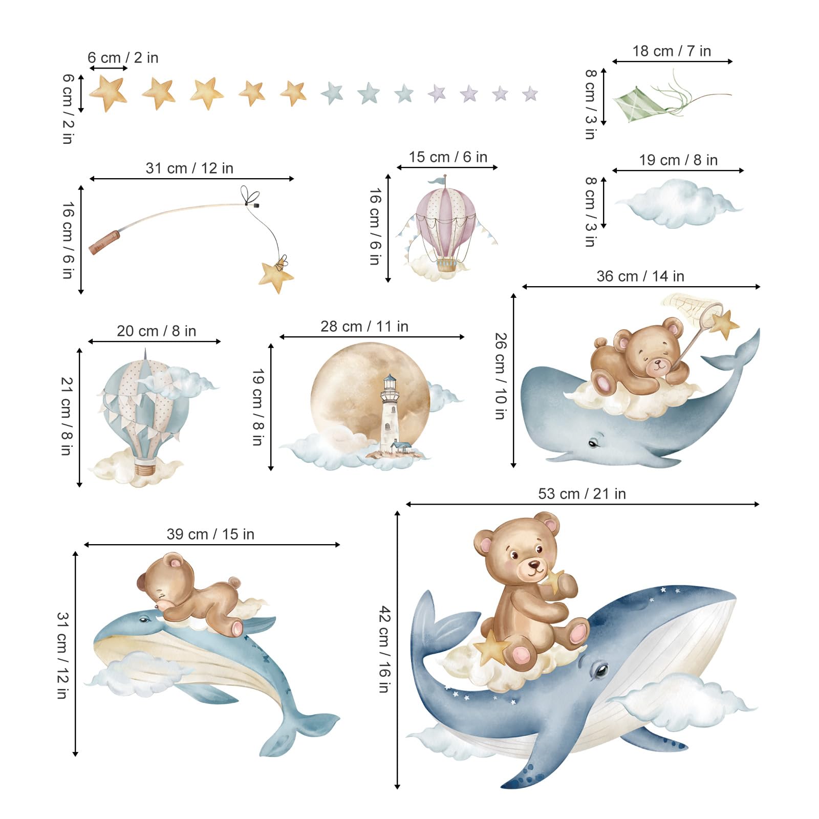 Wondever Baby Bear & Whale Ocean Animals Peel and Stick Wall Decals - Nursery Wall Art for Kids Bedroom Decor | Perfect for Baby Rooms, Playrooms & Children's Spaces