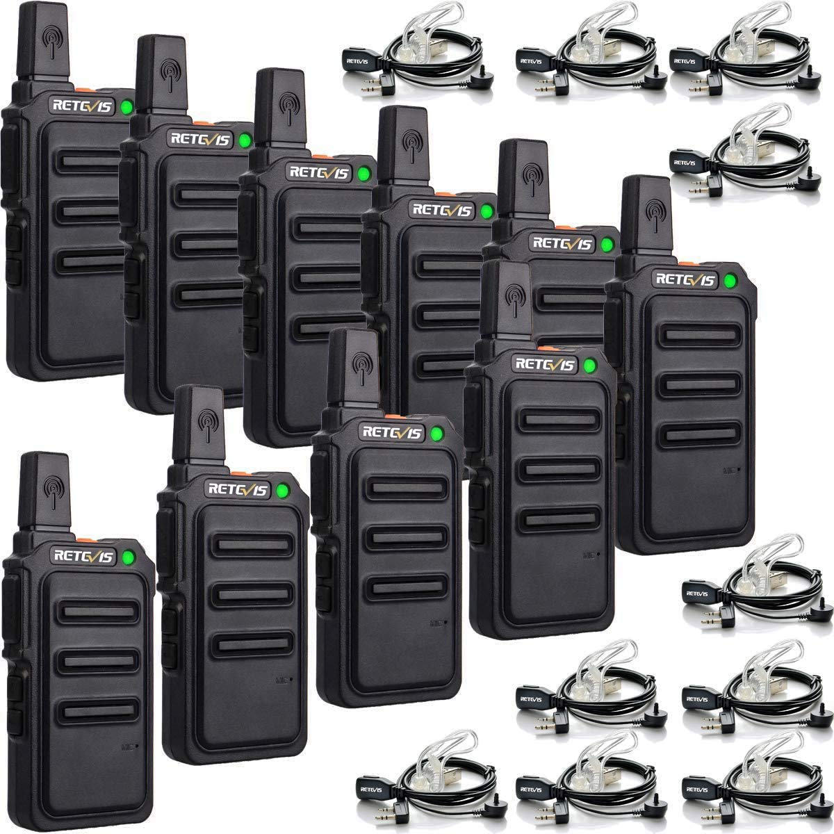 Retevis RT619 Professional Walkie Talkies for Adults - 2 Way PMR446 Radios with 1300mAh Rechargeable Battery, Metal Back Clip & VOX Hands Free - Ideal for School, Construction, Hiking and Outdoor Activities (10 Pack, Black)