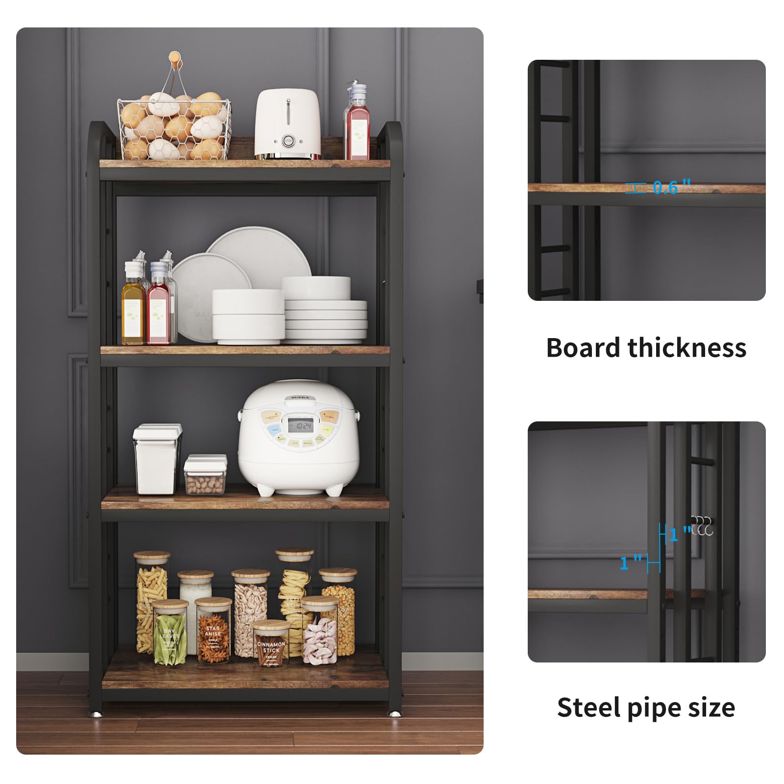 4-Tier Adjustable Microwave Stand with Storage Shelf - Free Standing Kitchen Organizer for Coffee Bar, Spices & Pots (Brown) - Perfect for Small Kitchens & Pantry Organization