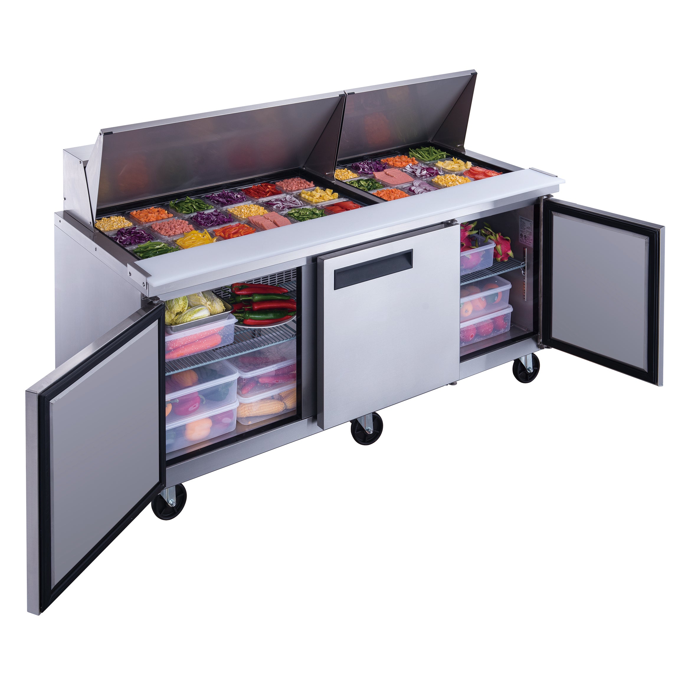 Dukers DSP72 30M 3-Door Commercial Refrigerator - 30 Cubic Feet Stainless Steel Food Prep Table with Mega Top | Ideal for Restaurants, Catering & Commercial Kitchens