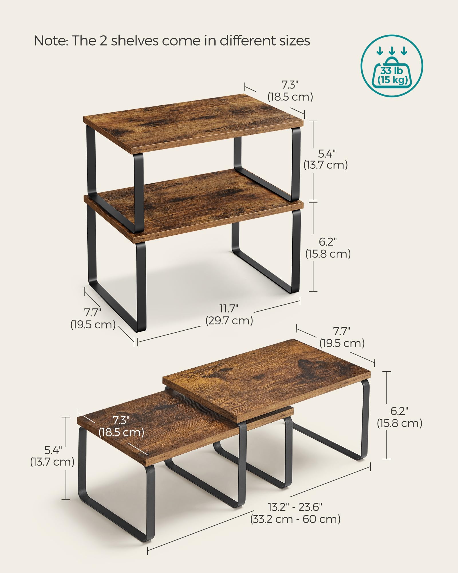 SONGMICS 4-Pack Stackable Expandable Cabinet Organizer Shelf - Metal & Engineered Wood Kitchen Storage for Spices, Utensils | Space-Saving Counter Shelf in Ink Black & Rustic Brown (UKCS021X01) | Perfect for Pantry, Bathroom & Office Organization