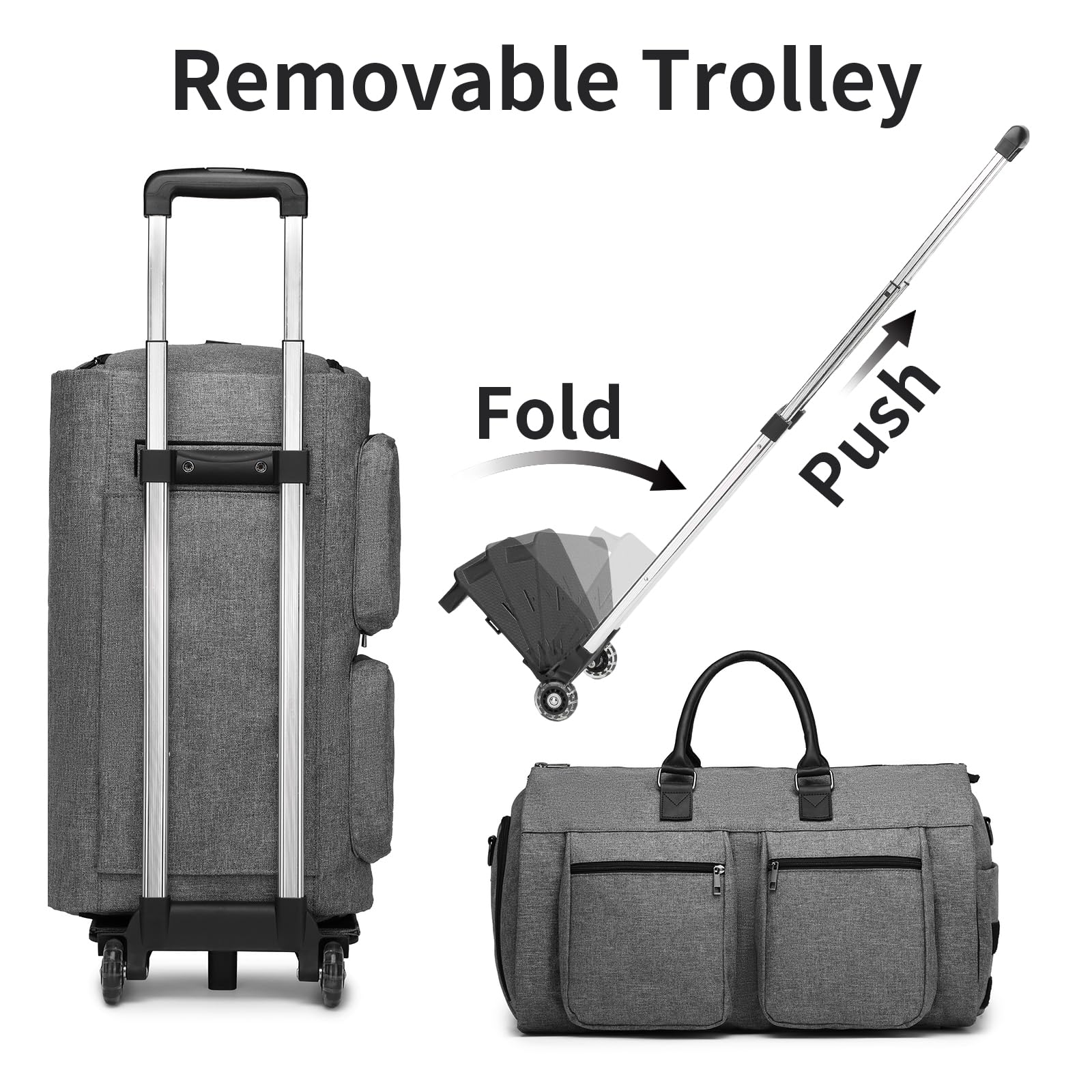 Rolling Garment Bag with Wheels - Travel Duffel Carry On Bag with Shoe Pouch | Weekender Luggage for Women | Perfect for Business Trips & Weekend Getaways (Grey)