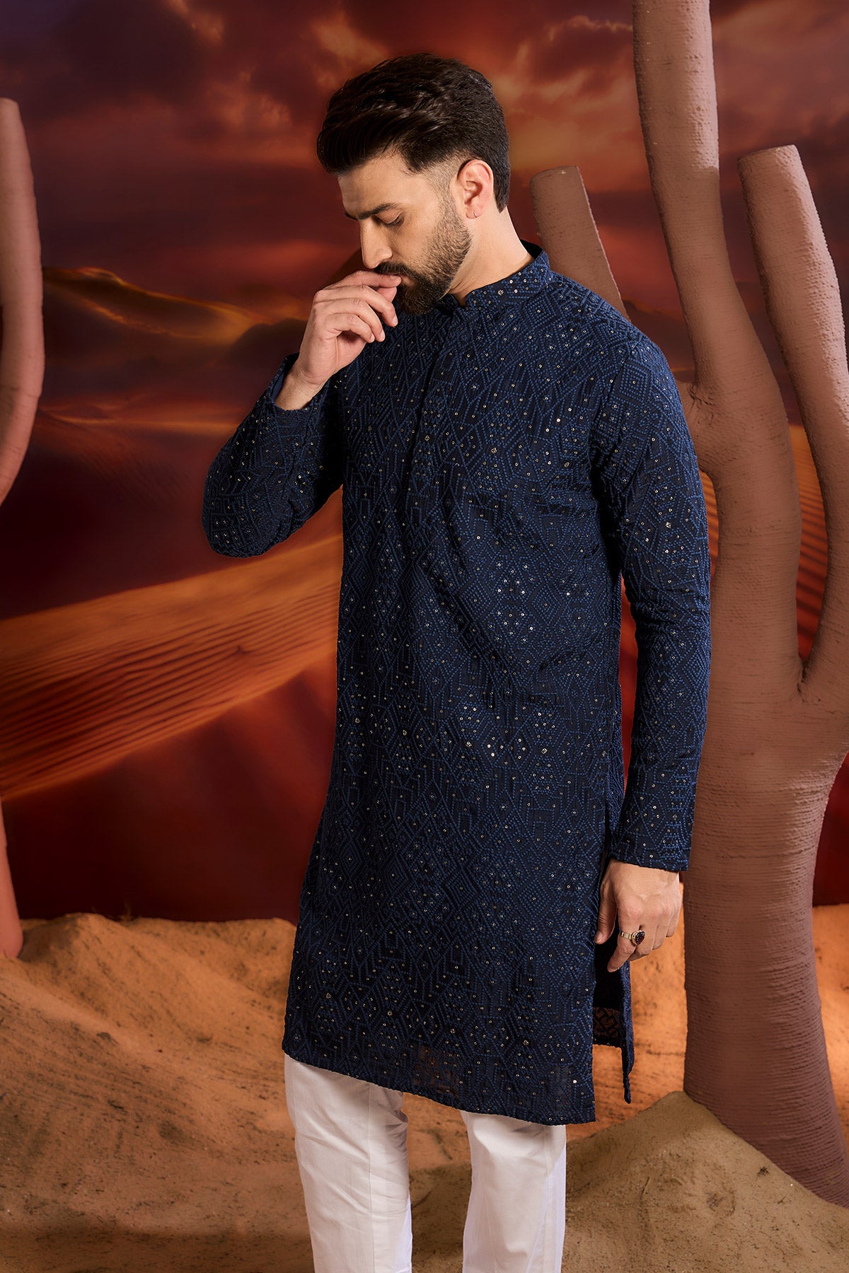 Elegant Navy Blue Chikankari Kurta with Geometric Embroidery - Traditional Indian Tunic for Women - Perfect for Festivals, Weddings & Casual Wear