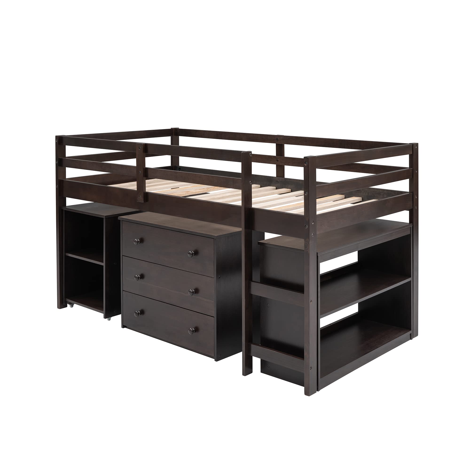 Twin Size Loft Bed with Desk and Cabinet - Low Study Loft Bed Frame for Kids & Teens - Rolling Portable Desk Included - Espresso Finish - Perfect for Small Bedrooms, Dorms & Study Spaces