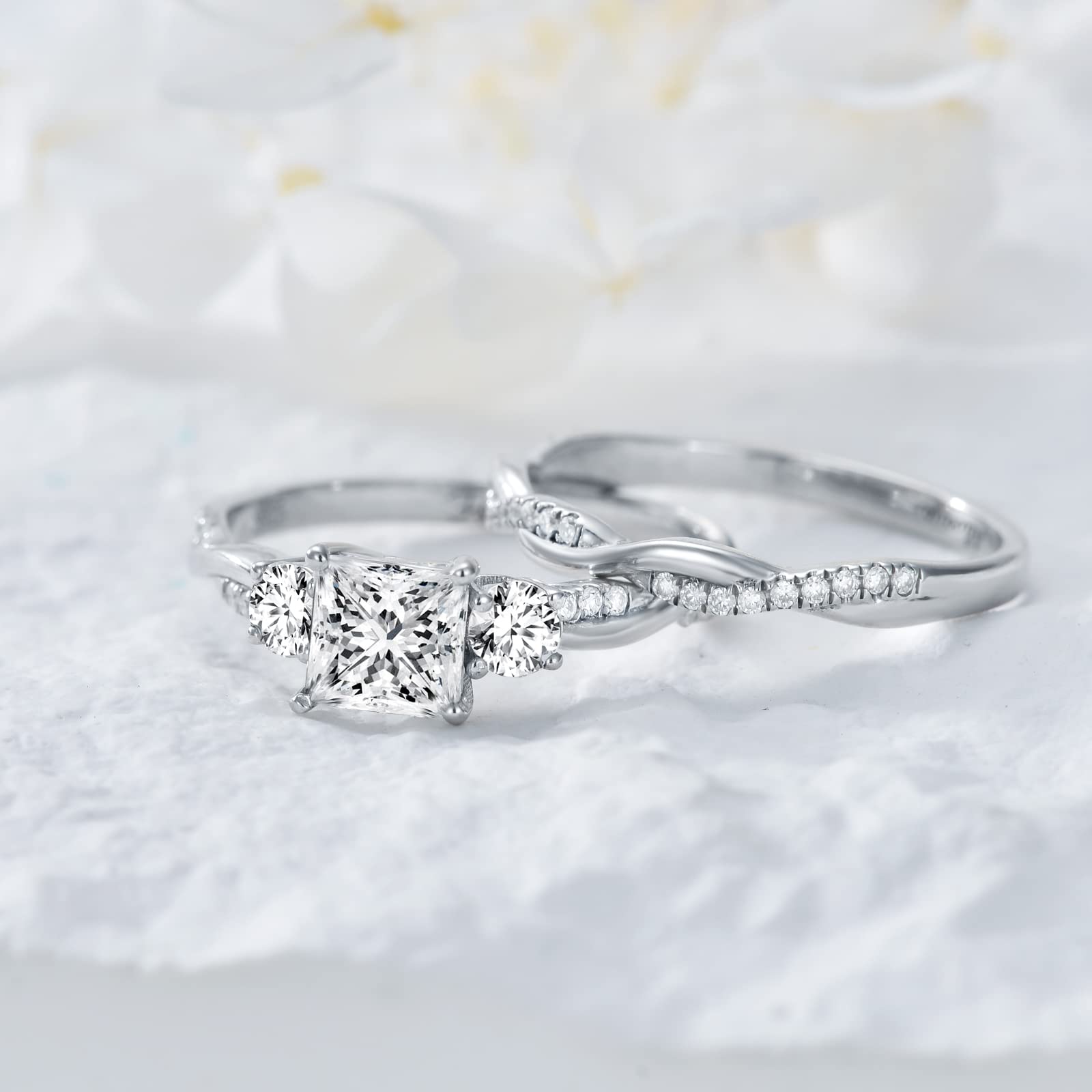 1.5 Carat Moissanite Princess Cut Wedding Ring Set for Women - White Gold & Platinum Plated Silver Engagement Ring with Twisting Infinity Pave Design - Perfect for Bridal, Anniversary, and Special Occasion Jewelry Gifts