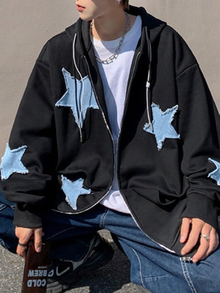 Trendy Y2K Oversized Graphic Hoodie for Men & Women - Star Patch Zip Up Sweatshirt Jacket | Streetwear Fashion for Casual Wear, College Outfits & Urban Style