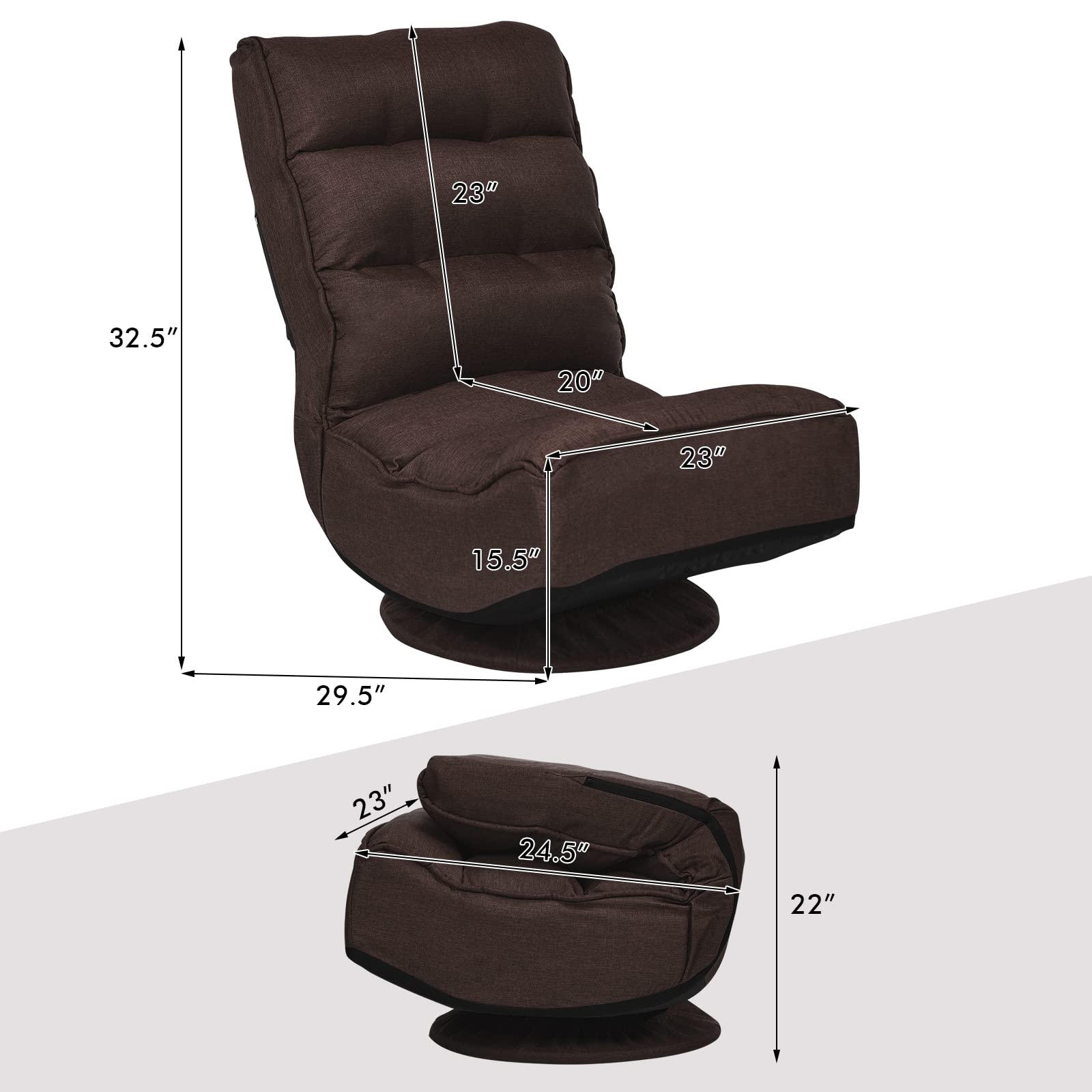 COSTWAY Adjustable 5-Position Folding Floor Chair with 360° Swivel - Ergonomic Gaming & Lounge Chair with Removable Cover & Padded Backrest - Perfect for Living Room, TV Watching, Reading & Video Games (Brown)