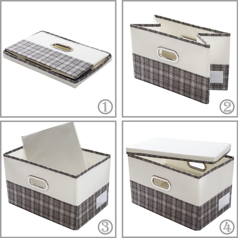 PRANDOM Large Collapsible Storage Bins with Lids [3-Pack] - Foldable Fabric Storage Boxes Organizer for Home, Bedroom, Closet & Office - Space Saving Gray Plaid & Cream Baskets (17.7x11.8x11.8 Inches) - Perfect for Organizing Clothes, Toys, Blankets & Seasonal Items