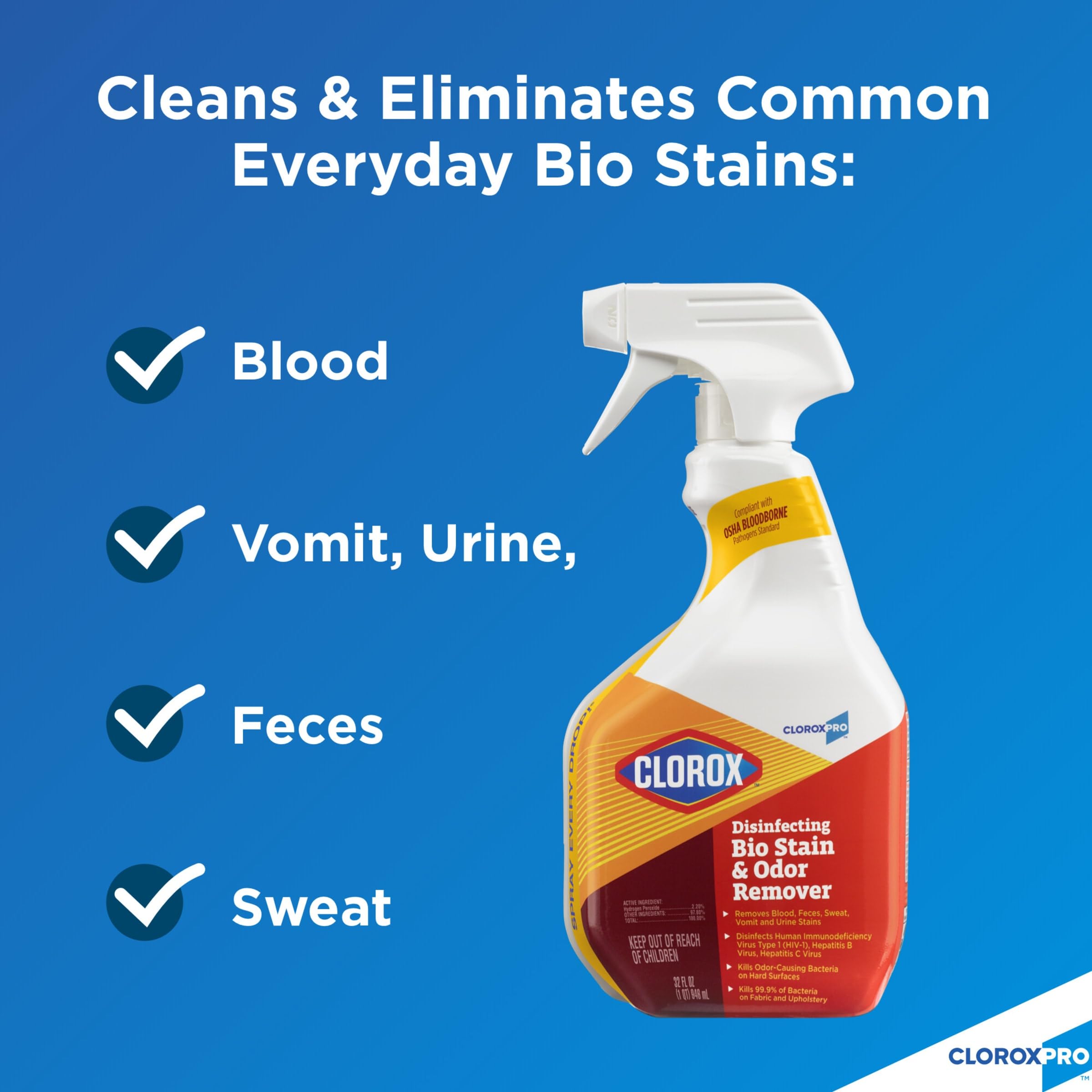 CloroxPro Disinfecting Bio Stain & Odor Remover Spray Refill - 128oz (4-Pack) | Healthcare, Industrial & Home Cleaning | Kills Germs & Eliminates Odors | Ideal for Hospitals, Schools & Offices