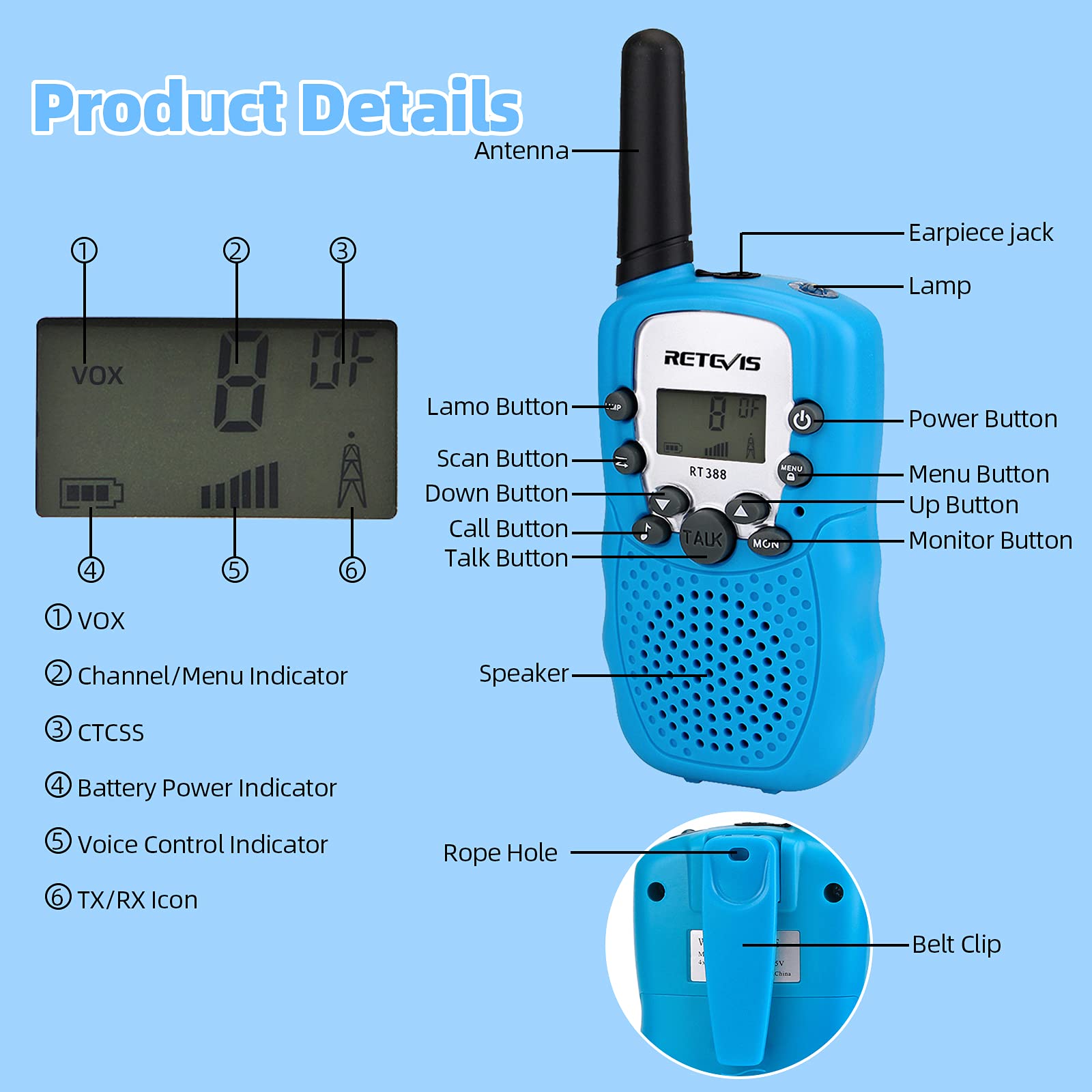 Retevis RT388 Kids Walkie Talkies - Long Range FRS Radios for Boys & Girls Ages 6-12 | Toy Gift for Birthday, Christmas & Outdoor Adventures (Blue 1 Pair) - Perfect for Camping, Hiking & Backyard Play