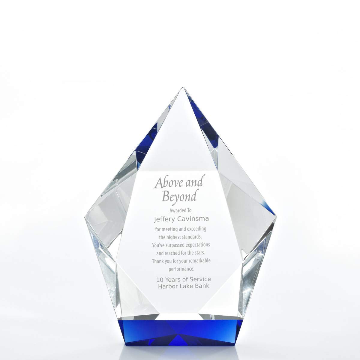 Baudville Engraved Crystal Trophy with Blue Base - Custom Employee Award & Recognition Gift - Personalized Engraving Included in Elegant Gift Box - Perfect for Corporate Awards, Retirement Gifts & Achievement Celebrations