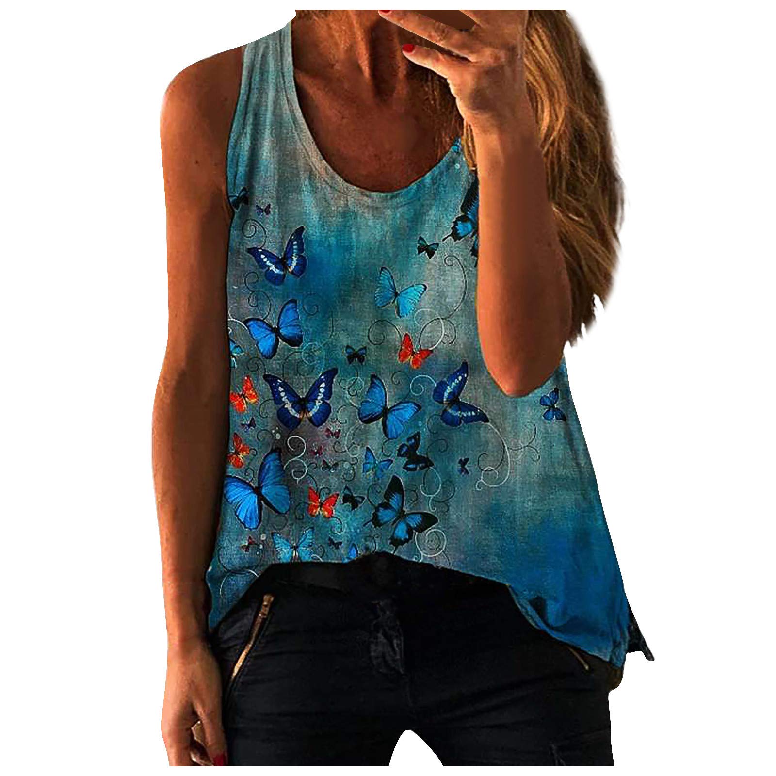 Women's Short Sleeve Printed Casual Tops - Breathable Camisole Blouse & Sleeveless Vest with O-Neck (Blue, XL) - Perfect for Summer Outfits, Beach Wear & Daily Fashion
