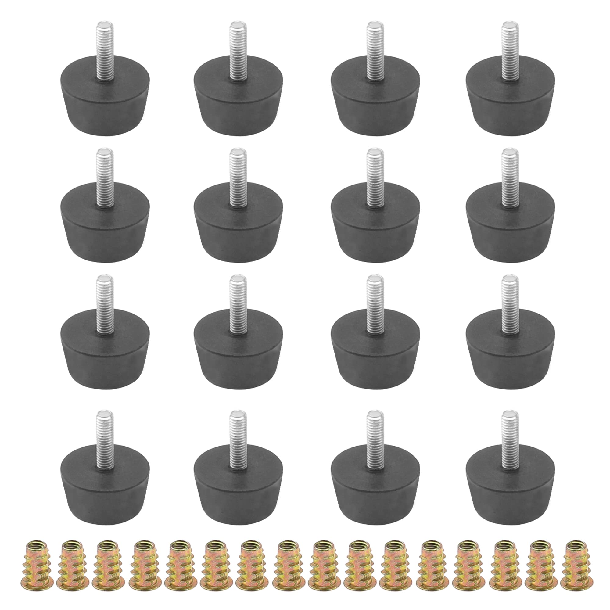 16Pcs M6x20 Medium Hard Rubber Bumper Feet with Screw-in Nut - Furniture Glide Leveling Floor Protectors for Chairs, Tables, Cabinets & Appliances - Anti-Slip, Noise Reduction & Surface Protection