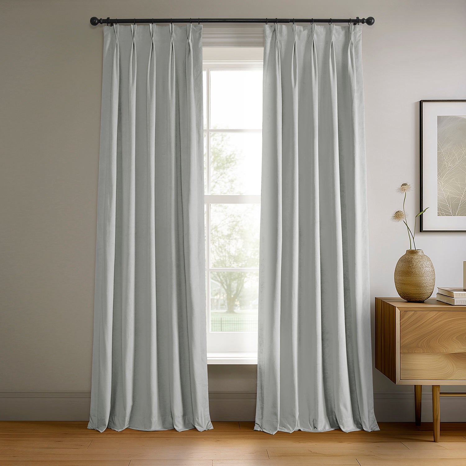 Reflection Grey French Pleat Signature Velvet Blackout Curtains - Thermal Insulated Room Darkening Drapes for Bedroom, Living Room & Home Theater