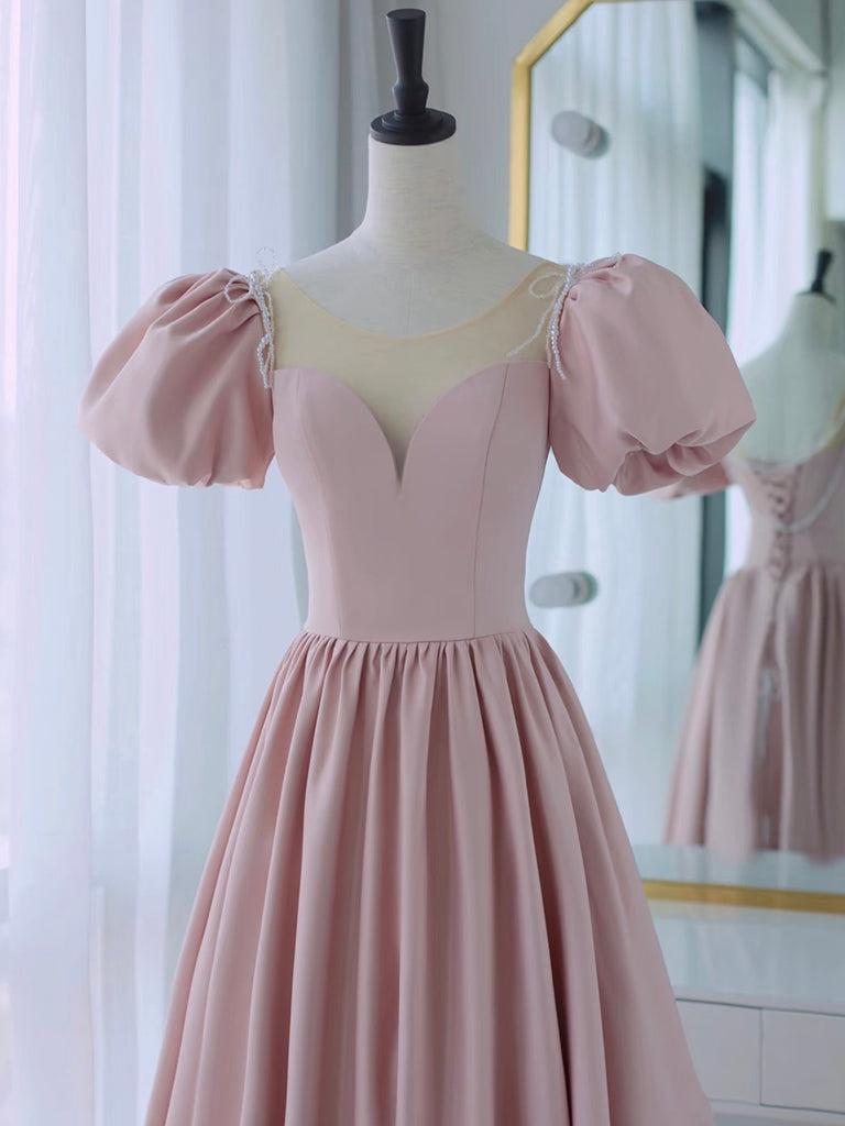 Elegant A-Line Puff Sleeves Satin Pink Long Prom Dress for Women - Formal Evening Gown for Homecoming, Wedding Guest, and Special Occasions
