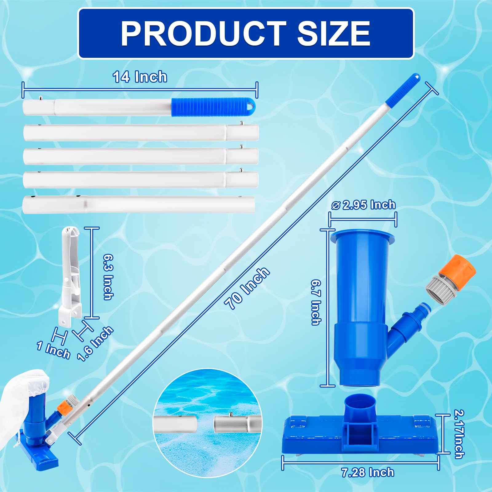 2025 Upgraded Handheld Pool Vacuum for Above Ground Pools - Portable Swimming Pool Jet Vacuum Cleaner Kit with Brush & 5-Section 70