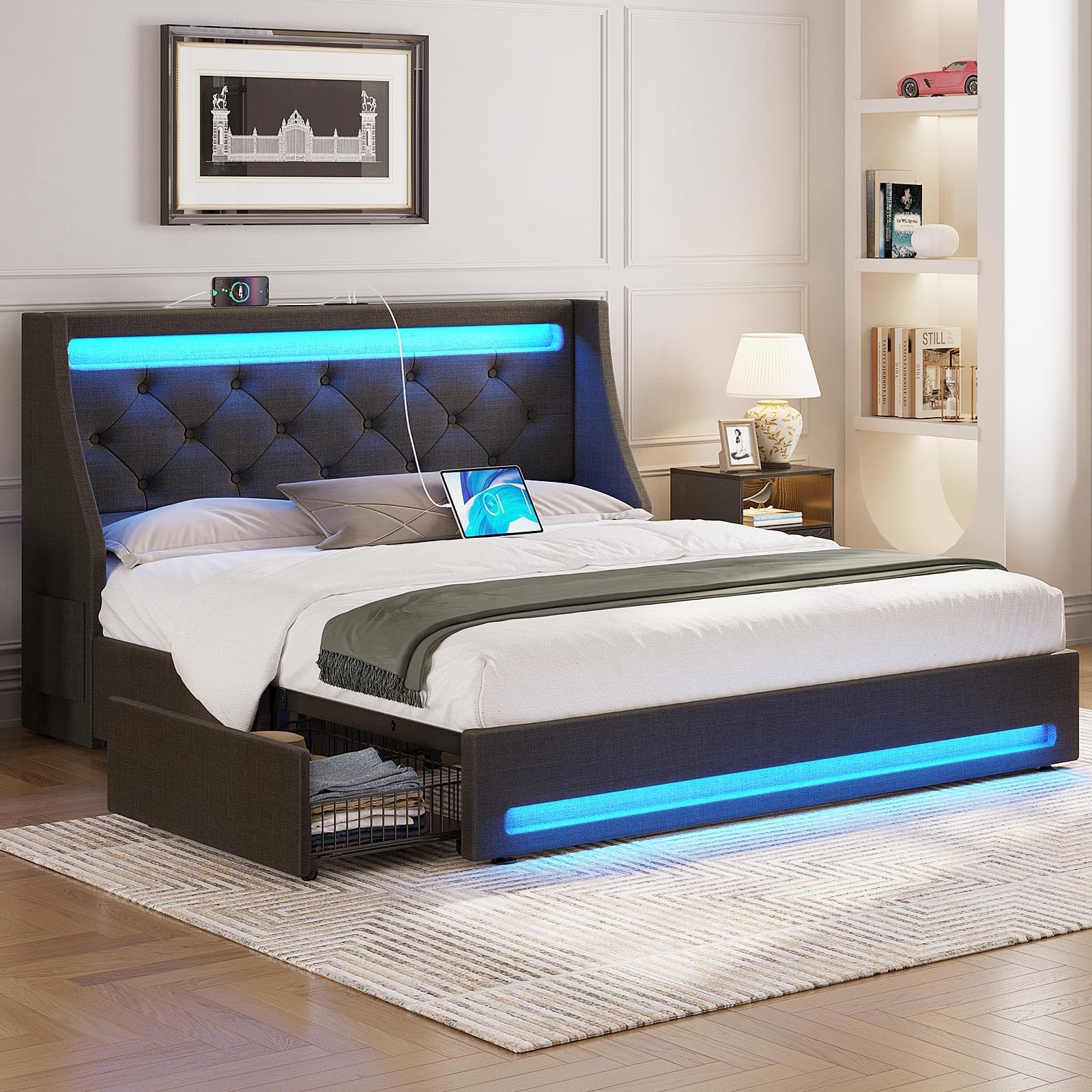 Rolanstar Queen Bed Frame with 4 Storage Drawers, USB Charging Station & LED Lights - Upholstered Platform Bed with Heavy Duty Wooden Slats, No Box Spring Needed, Noise Free & Easy Assembly - Perfect for Small Bedrooms, Guest Rooms & Modern Apartments